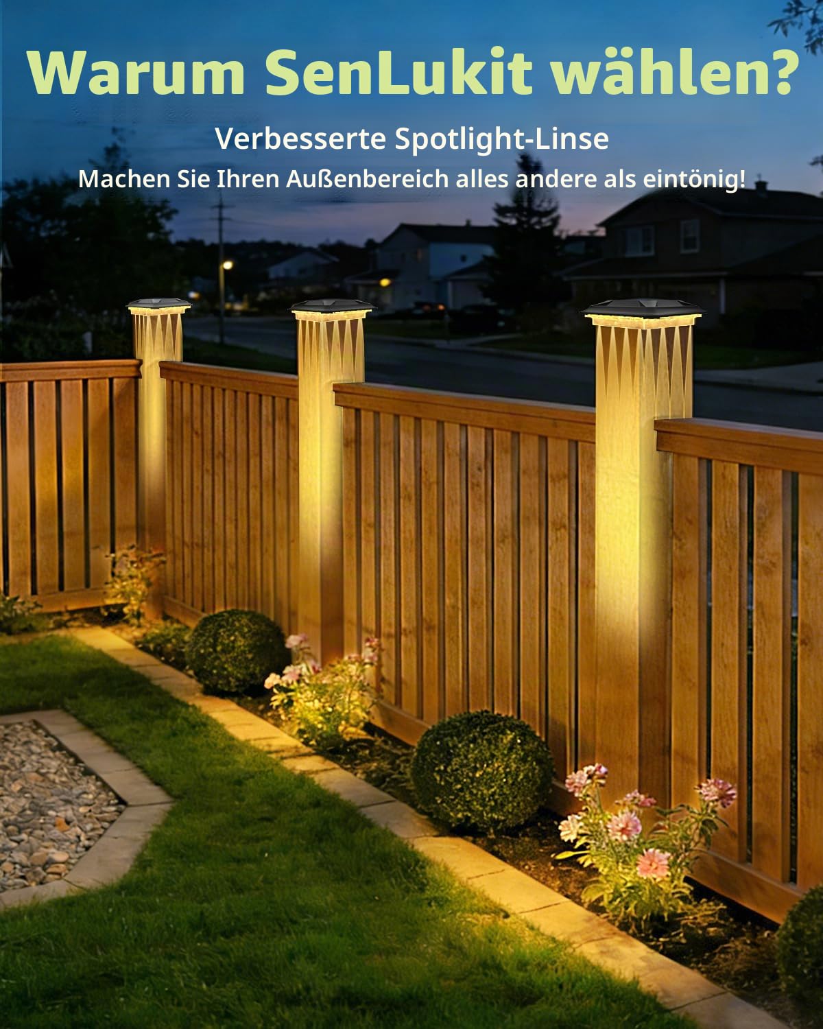 SenluKit 4 Stück Solar Pfostenleuchte, Verbesserte 3 Modi 16 LED Pfostenkappe Solar, Wasserfest Solarlampe für 9x9 10x10 cm Holz/Vinyl Pfosten Garten Terrasse Zaun(Warmweiß Kaltweiß Neutralweiß)