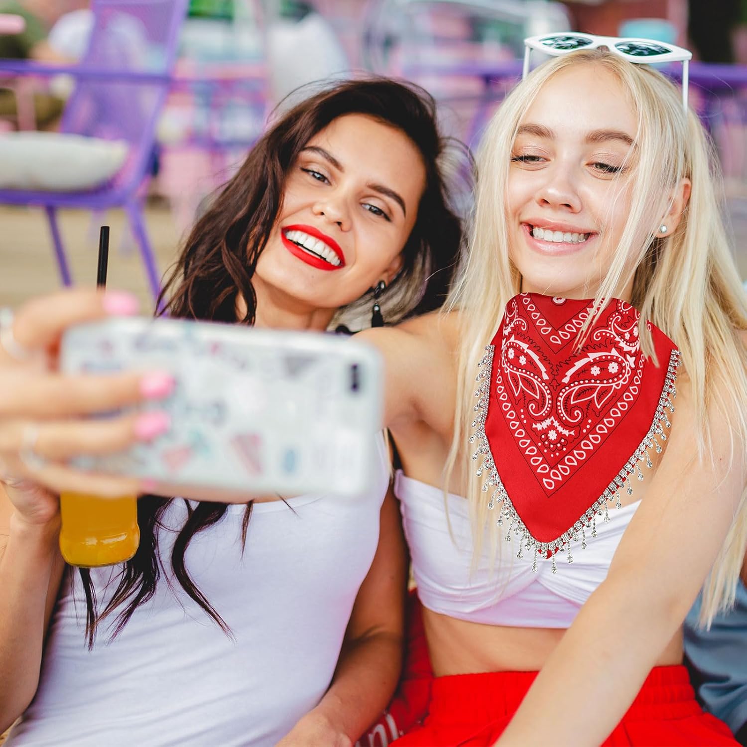 Vabean 2 Pcs Rhinestone Bandana Disco Fringed Paisley Glitter Bandanas for Women Cowgirl Bachelorette Tassel Kerchief - Image 5