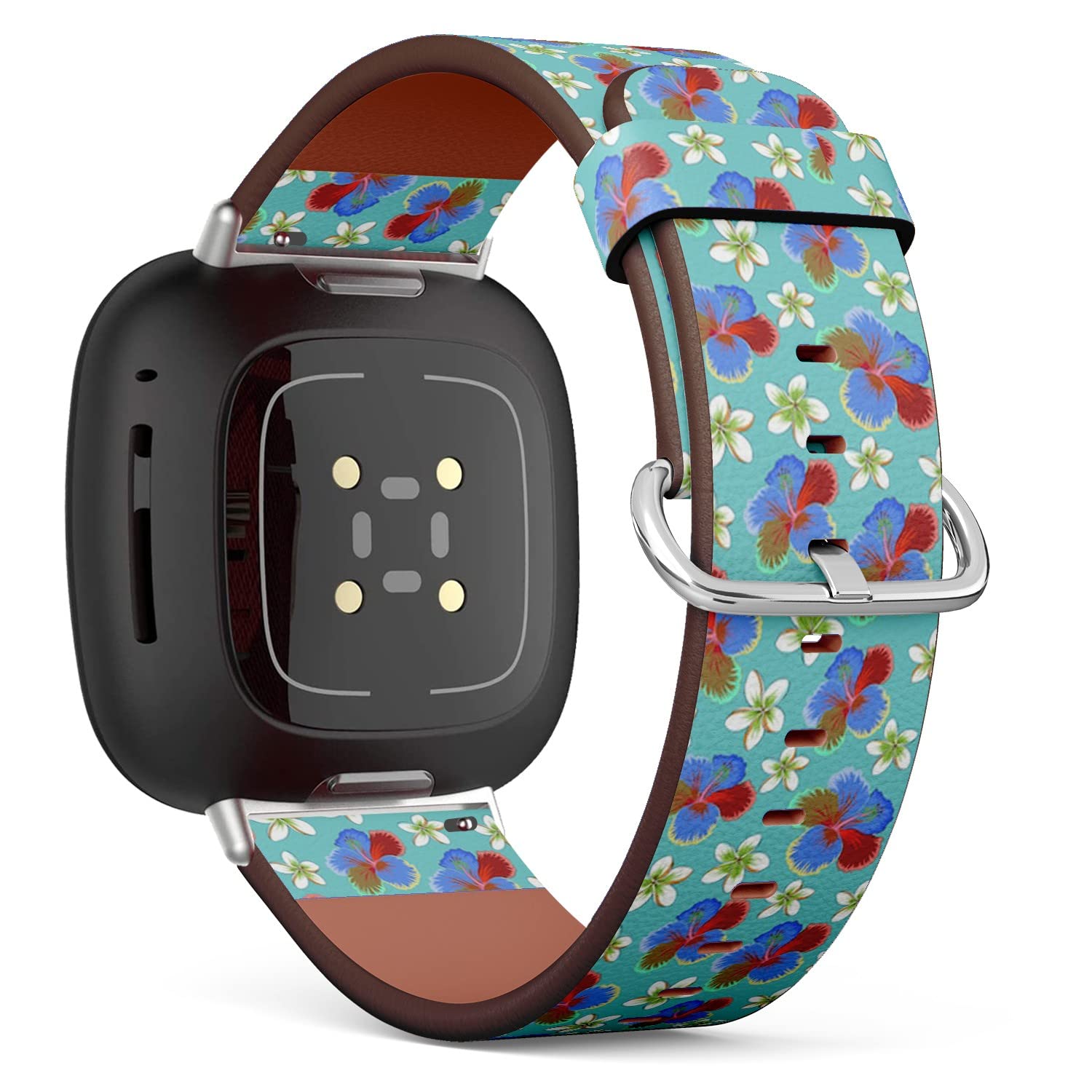 CJBROES Replacement Leather Watch Band, Compatible with Fitbit Versa 3 and Fitbit Sense of Wristband Bracelet Accessory - Multicolored Hibiscus Flowers Buds Retro