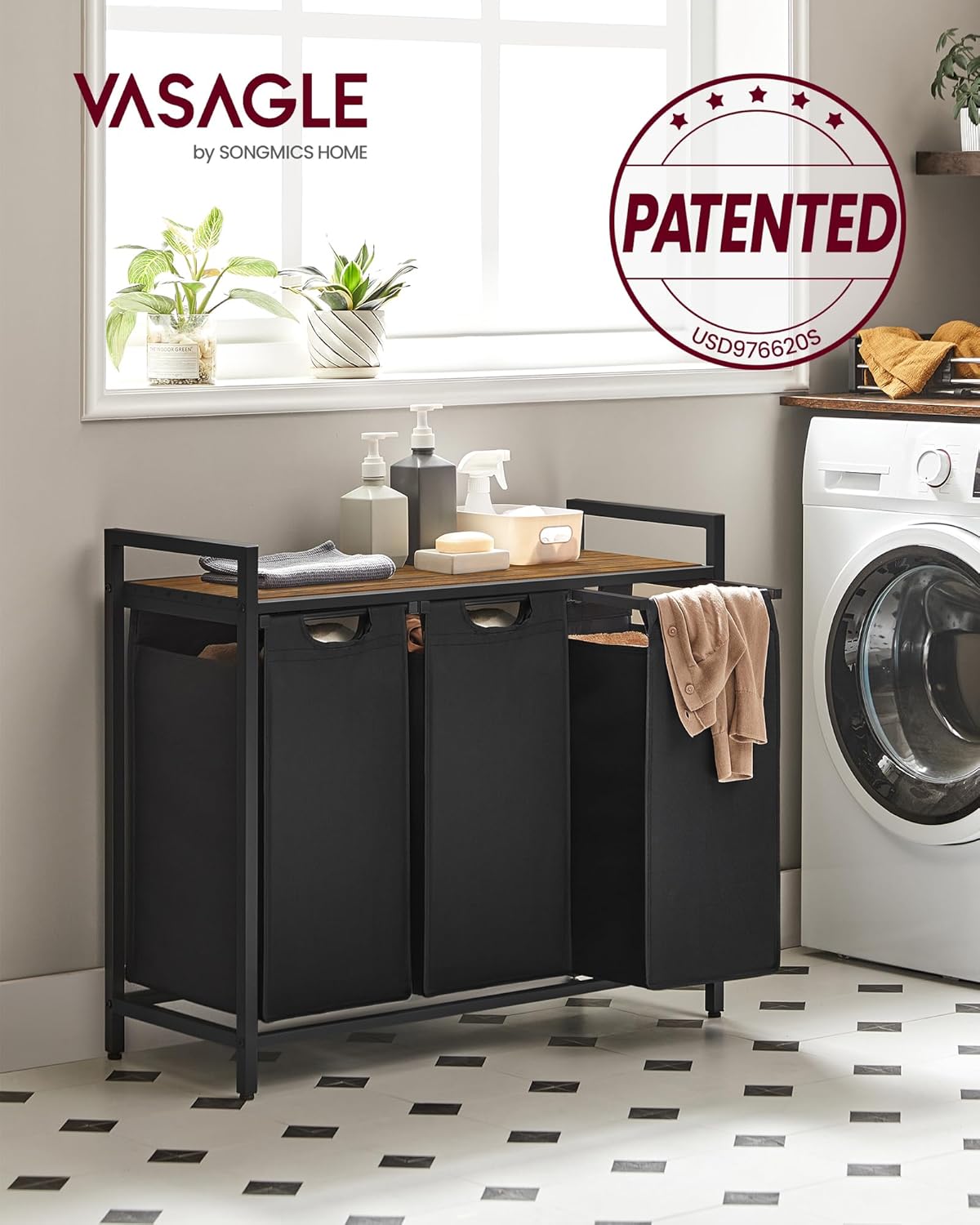 VASAGLE Laundry Hamper, Laundry Basket, Laundry Sorter with 3 Pull-Out and Removable Bags, Shelf, Metal Frame, 3 x 10 Gallons (38L), 36.4 x 13 x 28.4 Inches, Rustic Brown and Black UBLH301B01 - Image 2