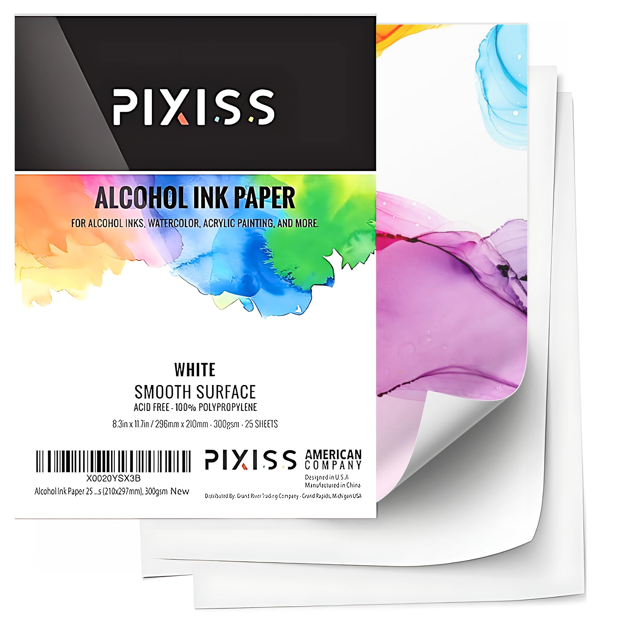 White Alcohol Ink Paper - 25 Sheets Pixiss Heavy Weight Art Paper for Alcohol Ink & Watercolor - Extra Smooth Synthetic Paper A4 8x12 inches, 300gsm