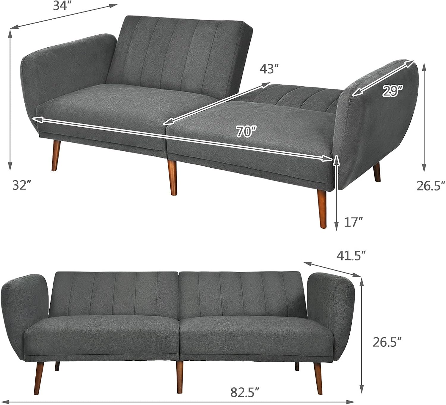 POWERSTONE Futon Sofa Bed - Convertible Sofa Couch Sleeper with Armrest and Wood Legs Foam Cushion Living Room Furniture Home Recliner 82.5”, Grey