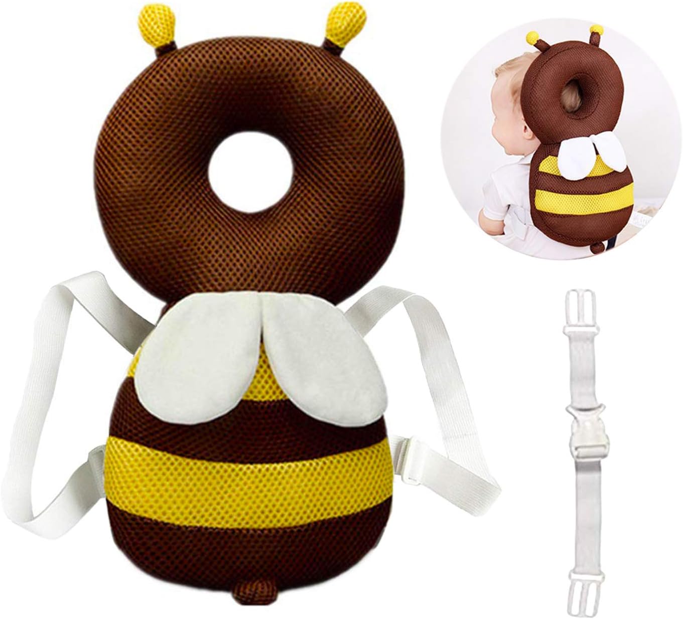 PUPUBaby Head Protector - Baby Walker Protective Head Adjustable Baby Safety Mat Protective Head Cute Bee Suitable Age 4-36 Months (Breathable Brown)