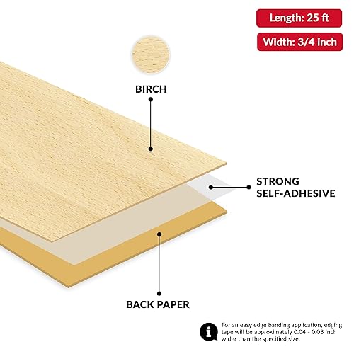 Miniatura 2 de Cinta adhesiva de chapa de abedul de 34 pulgadas x 25 pies para bordes, moldura de tira de vinilo flexible para gabinete de madera, estante