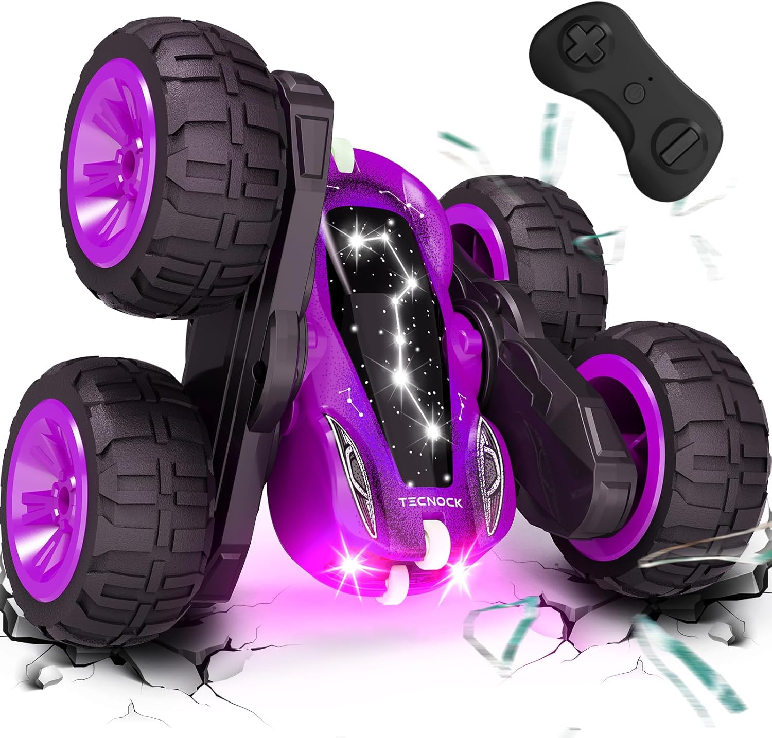 Tecnock Remote Control Car for Kids, 2.4GHz RC Cars with USB-C Easy Charging, 4WD Double Sided 360° Rotates and Flips RC Stunt Car, Toys Gift for Boys and Girls Ages 6-8, 8-12 Purple