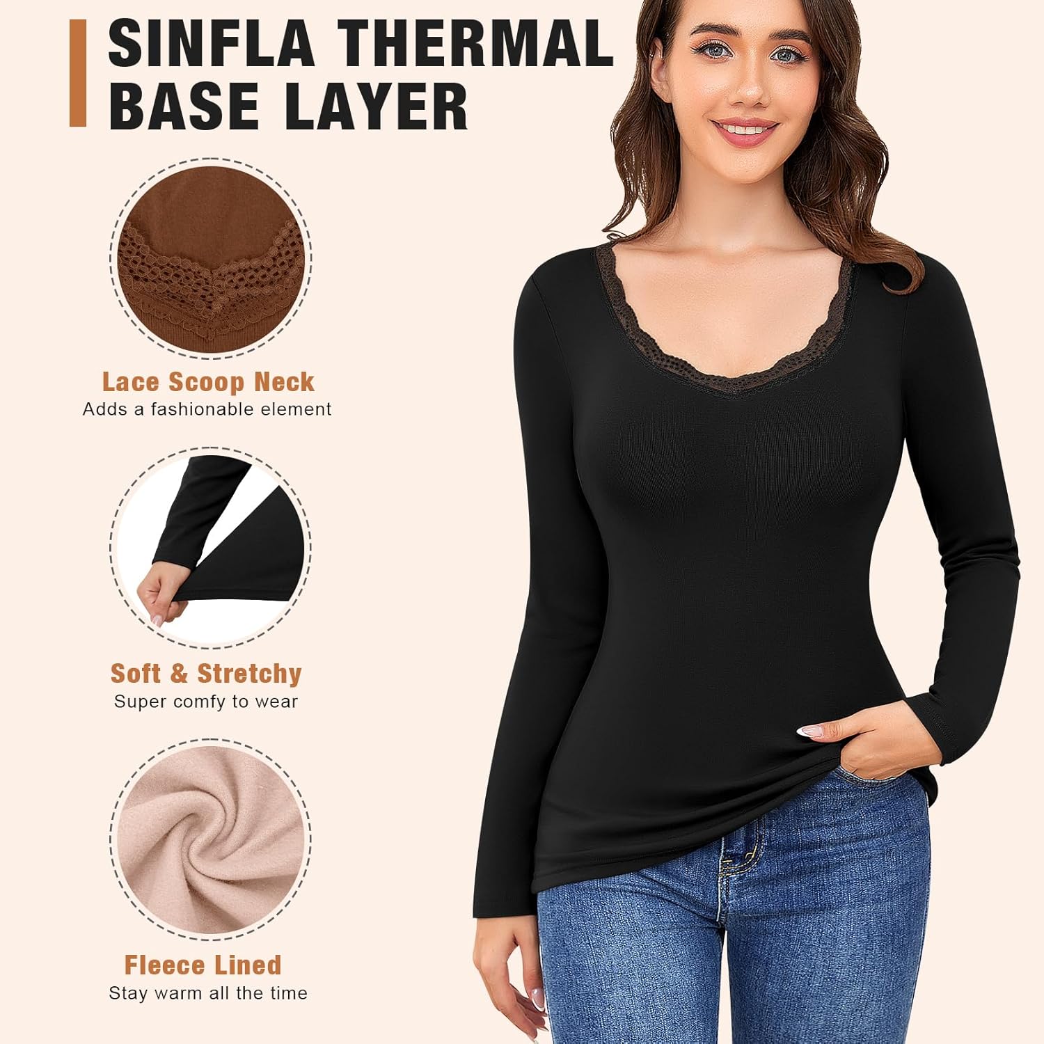 Women's Long Sleeve Thermal Shirts Scoop Neck Underwear Lightweight Base Layer Tops with Warm Fleece Lining - Image 3