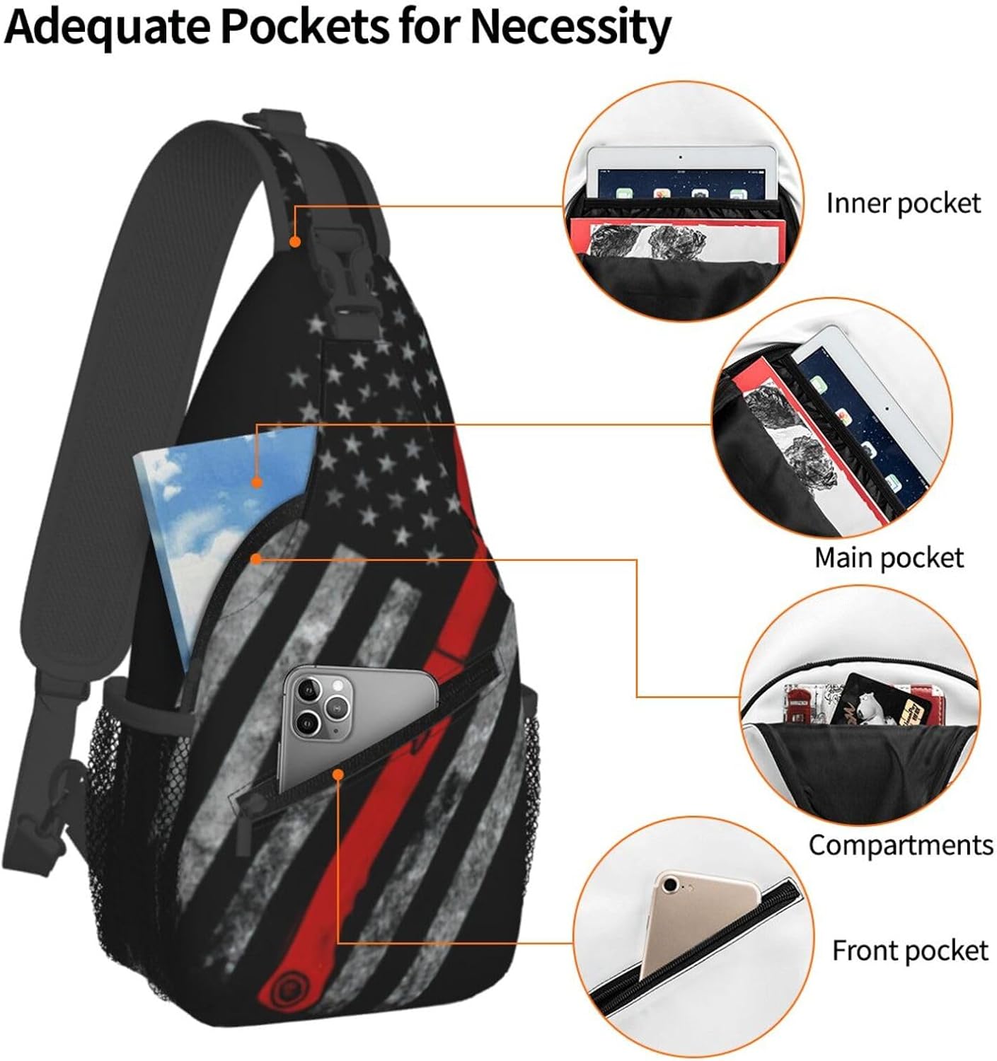 Durable Lightweight Firefighter Axe Red Line Flag Print Cross chest bag diagonally for Travel Commute Daily Use