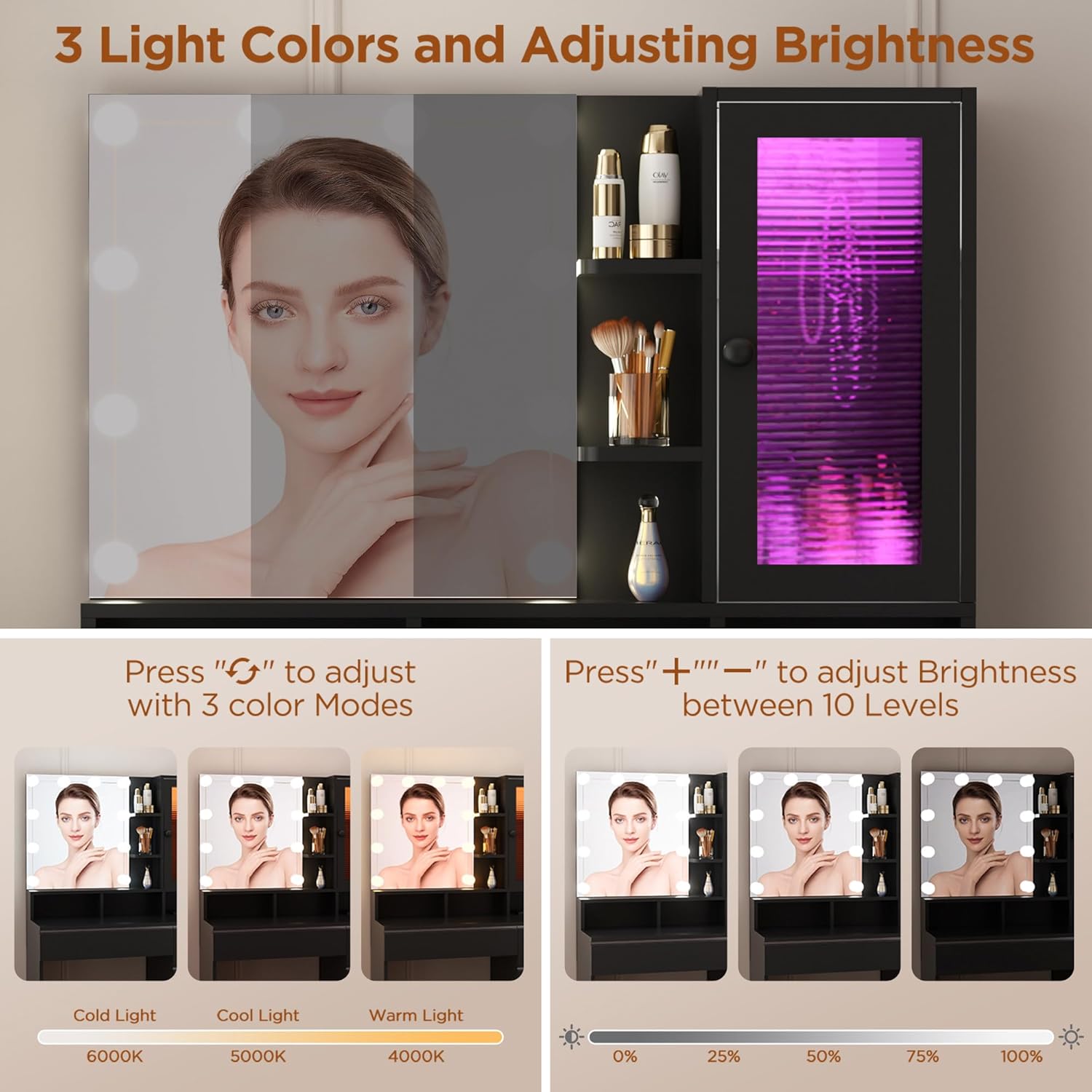 Vanity Desk with LED Lights Mirror, 35.43" Modern Makeup Table with 6 Storage Drawers & Stool for Ladies and Girls, RGB Light Makeup Desk with Power Outlet for Bedroom Dressing Room, Black