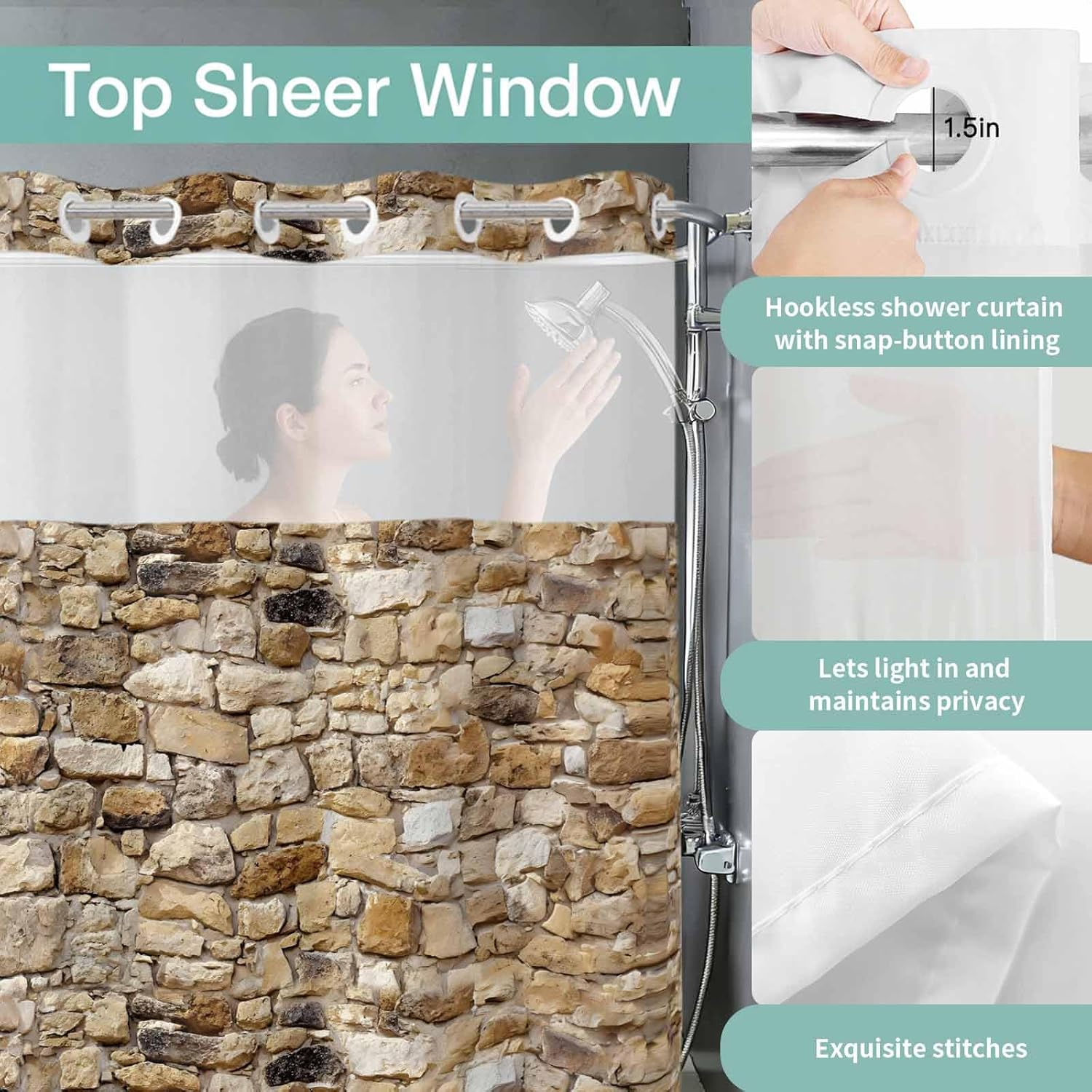PIEPLE No Hook Shower Curtains with Snap in Liner, Brown Beige Stones Waterproof Fabric Shower Curtain, Farmhouse Stones Modern Art Double Layers & See-Through Top Window Bathroom Curtains 48''x72''