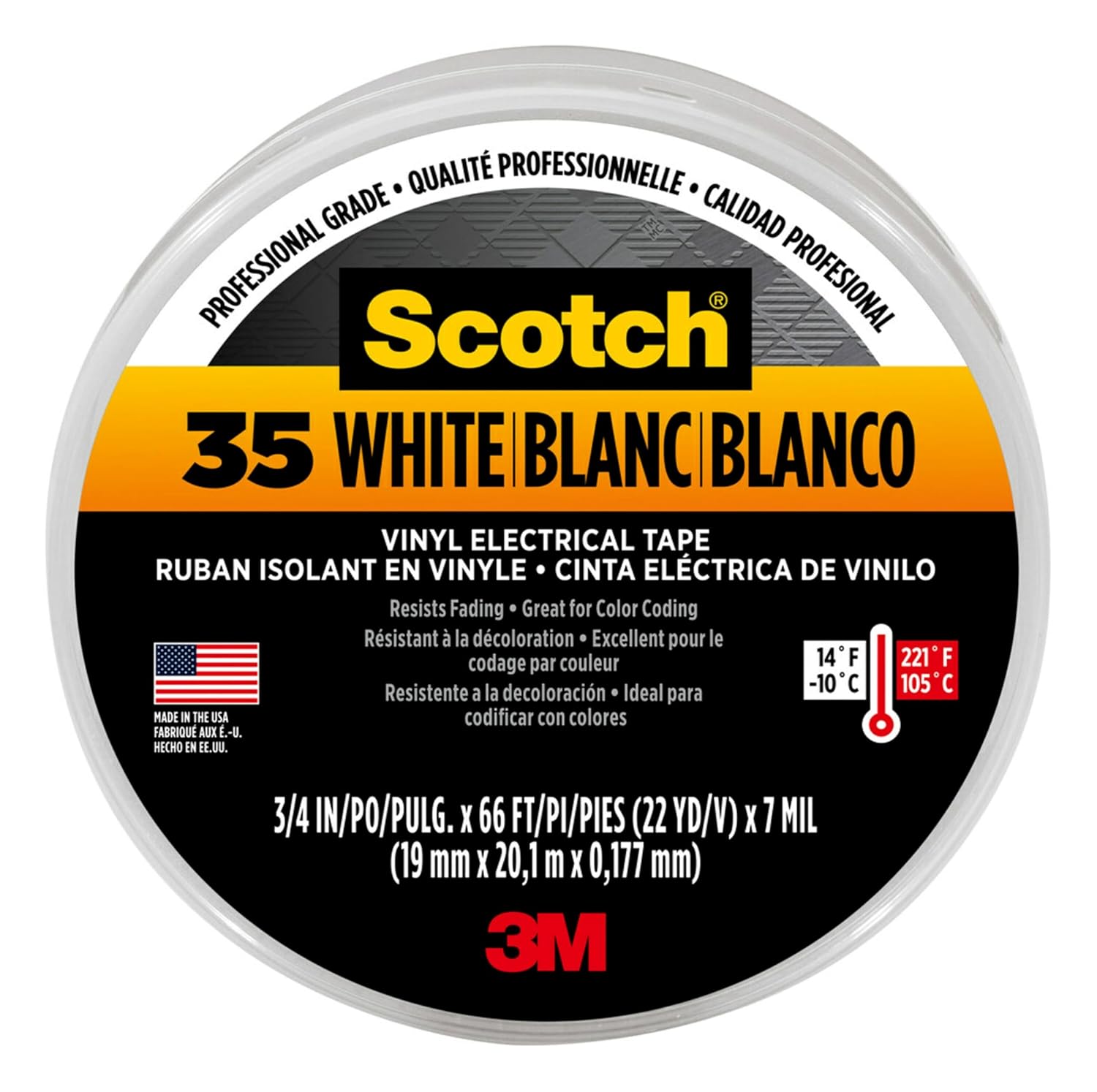 Scotch Vinyl Color Coding Electrical Tape 35, 3/4 in x 66 ft, White