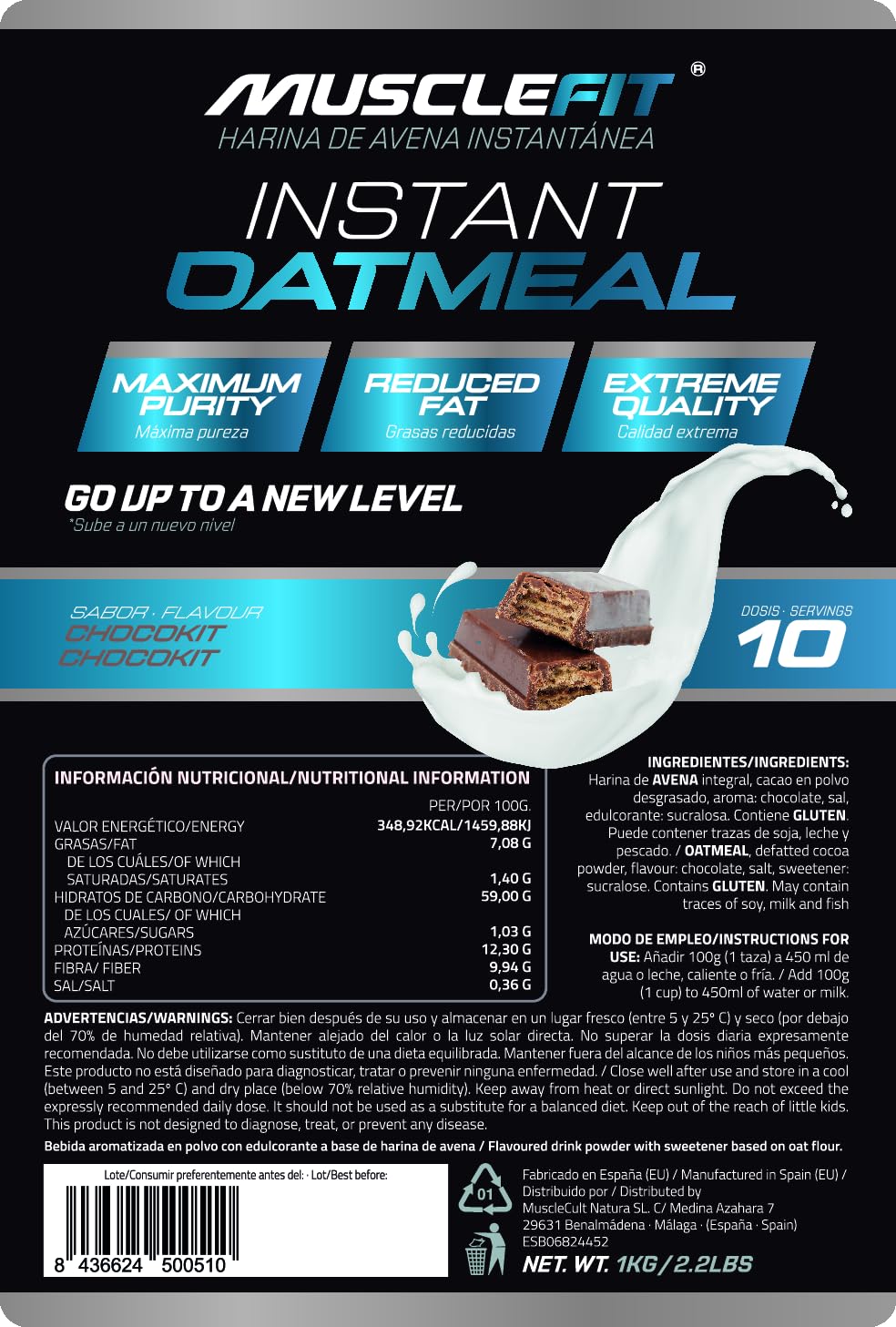 MuscleFit Harina de Avena Integral | 1kg de Avena Molida | Sabor ChocoKit | Oatmeal | Bajo en grasas — view 2