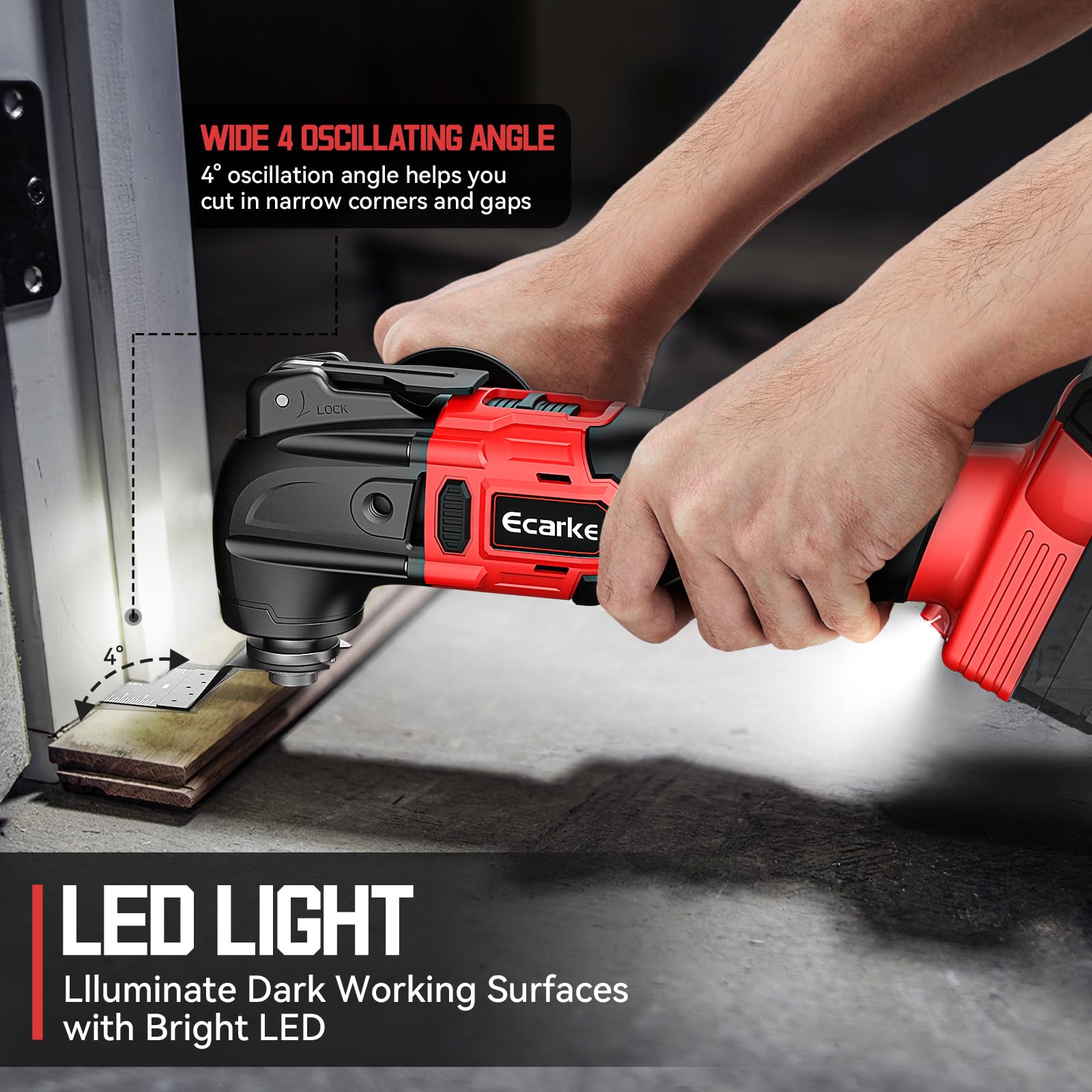 Ecarke Multiherramienta Oscilante Compatible con Baterías M-ilwaukee 18V, con 6 Velocidades Ajustables y Motor sin Escobillas para Raspar, Limar, con 23 Accesorios(Solo Herramienta)-Rojo