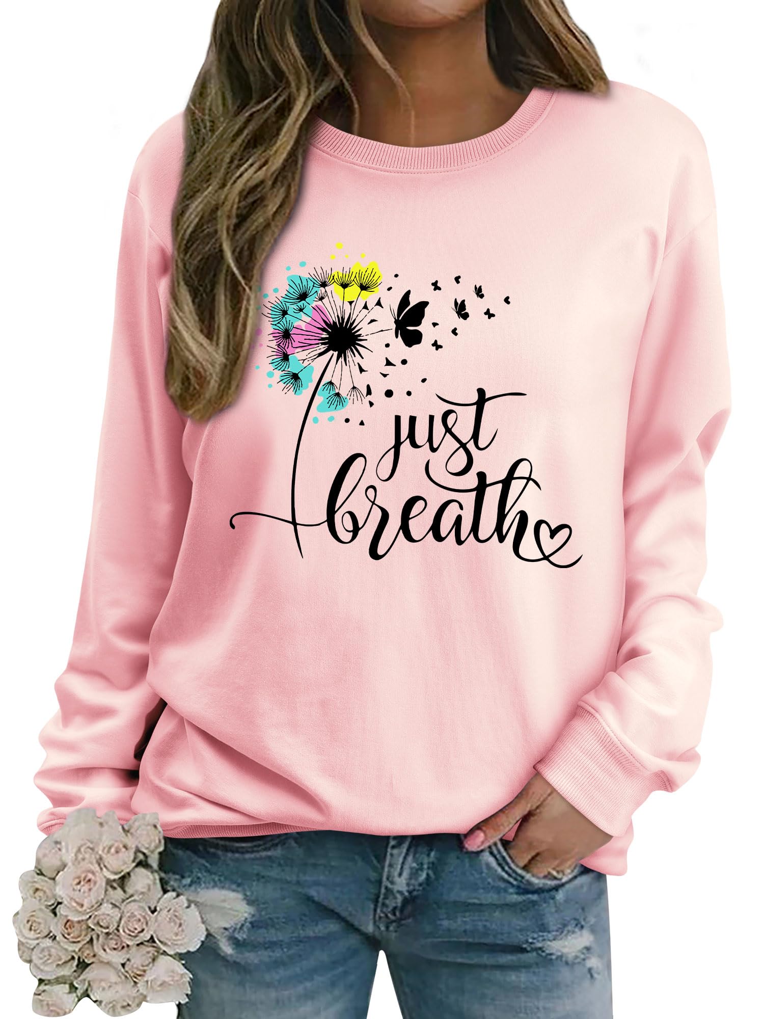 Dresswel Damen Löwenzahn Sweatshirt Langarmshirt Just Breath Pusteblume Schmetterling Drucken Pullover Herbst Winter Bluse Tops Oberteile