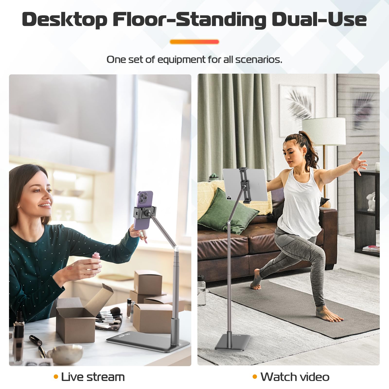 VIJIM Tablet Floor Stand Holder, Phone Stand for Recording, Adjustable Cell Phone & Tablet Holder for Floor, Compatible with iPad Pro Air Mini, Galaxy Tab, iPhone & 4.6-12.9 Inch Devices