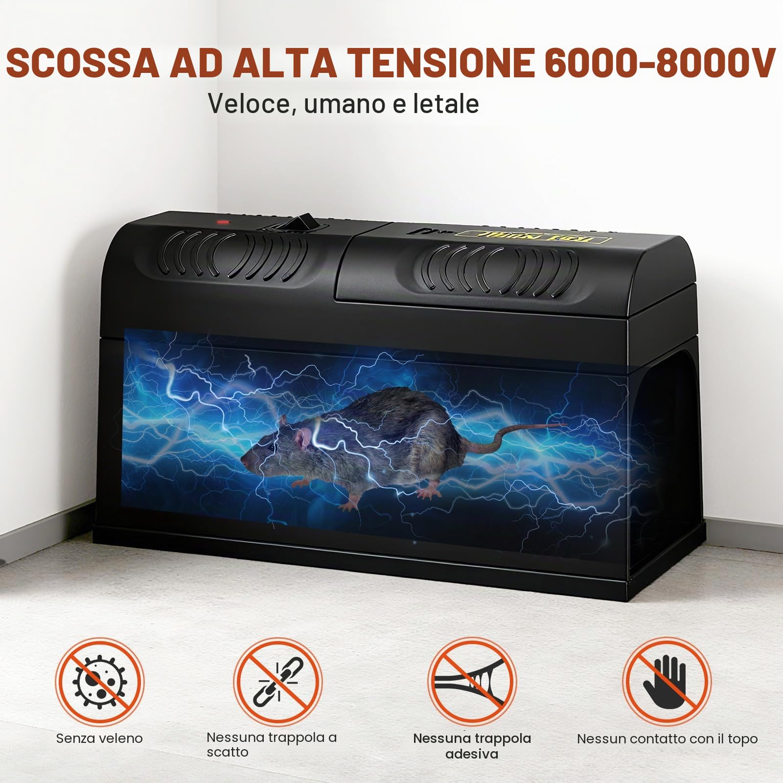 Trappola per Topi Elettrica, Versione Trappola Elettrica per topi 6000-8000 V, Alta Tensione per Uccidere i topi all'istante, Trappola Topi Elettrica Interno, per una casa senza parassiti