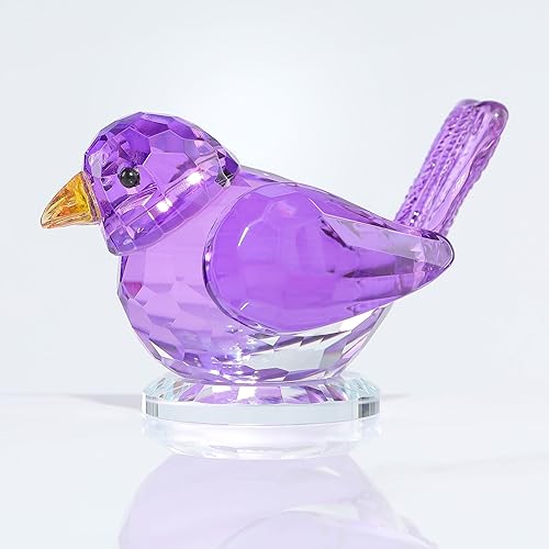 Qianwei Figura coleccionable de pájaro de cristal morado, figuras de animales de cristal hechas a mano, mesa de escritorio de oficina, decoración