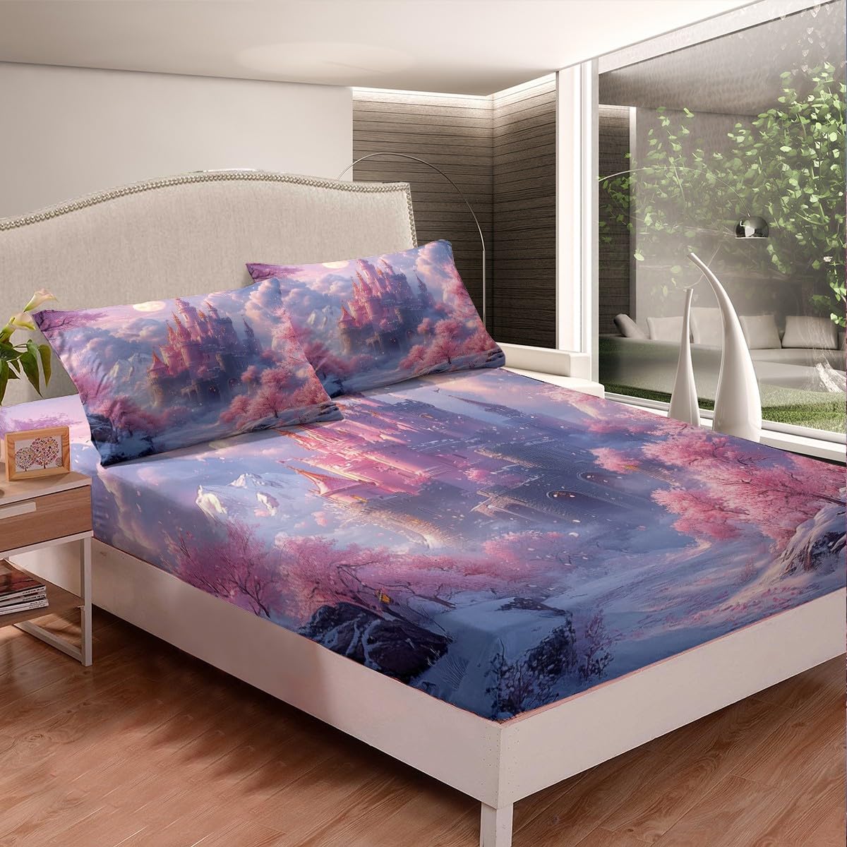 Romantic Castle Fitted Sheet Twin Size Girlish Fairy Tale Bedding Set 2Pcs(No Flat Sheet) Dreamy Pink Cherry Blossom Bed Sheet for Boys Girls Teens Room Decor Moon Nebula Clouds Deep Pocket Sheet