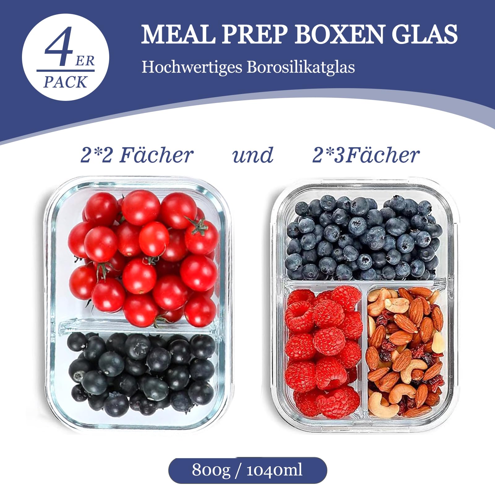 Recipientes de cristal con tapa, 2 y 3 compartimentos (4 unidades, 1040 ml) con tapa, control de porciones, herméticos, para horno y congelador
