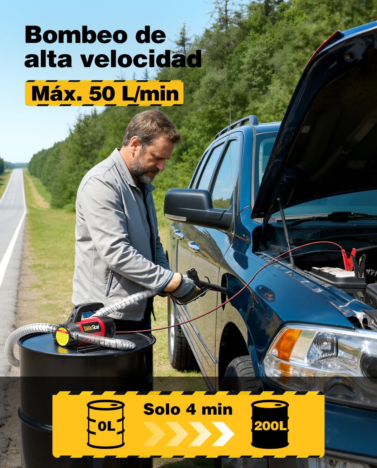 TaskStar Bomba Trasvase Gasoil 12V: Caudal 50 L/min, Eléctrica Bomba Portátil con Pistola, Filtro y Mangueras para Diésel, Biodiésel, Queroseno y Gasóleo – Para Casa, Granja y Obra
