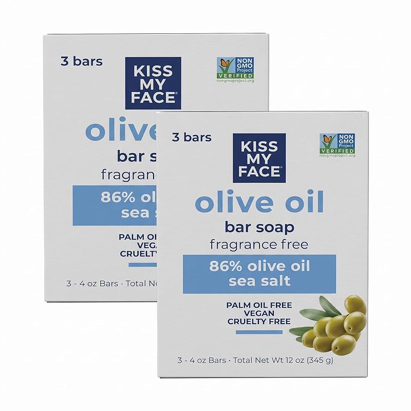 Sabonete em barra de azeite de oliva sem fragrância Kiss My Face, vegano e sem óleo de palma, 113 g, pacote com 6
