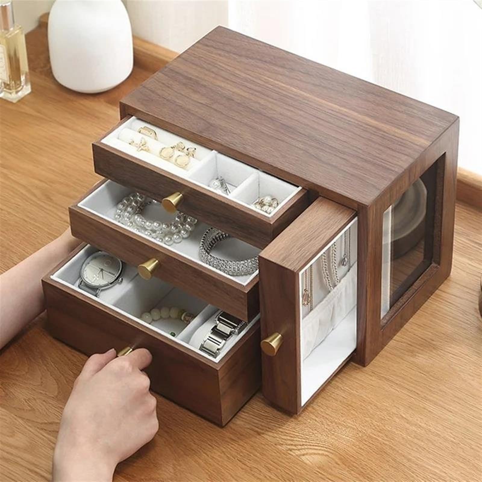 Joyero Viaje Caja Joyería Madera Maciza Nogal Negro Con Espejo Almacenamiento Hecha Mano Grabado Joyeros
