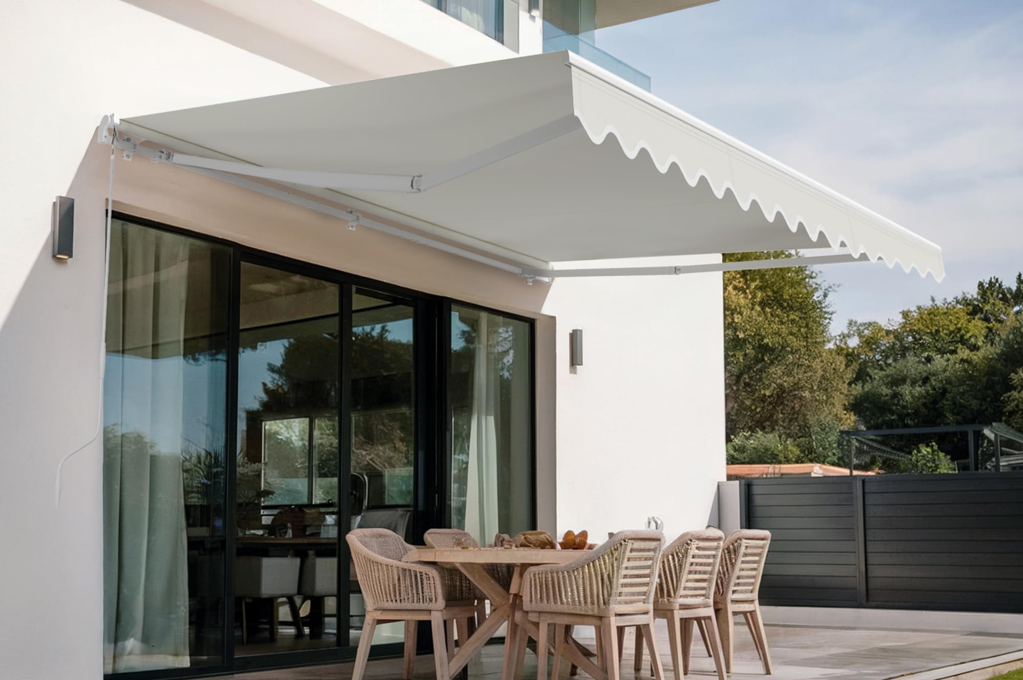 CASANOOV Store Banne Monobloc Vecchio Store Extérieur 395x300 cm 4x3 m 12 m² Aluminium Blanc Toile Beige Terrasse Jardin Manuel Rétractable Protection Solaire UV50+ 320 g/m² Inclinaison 30-100°