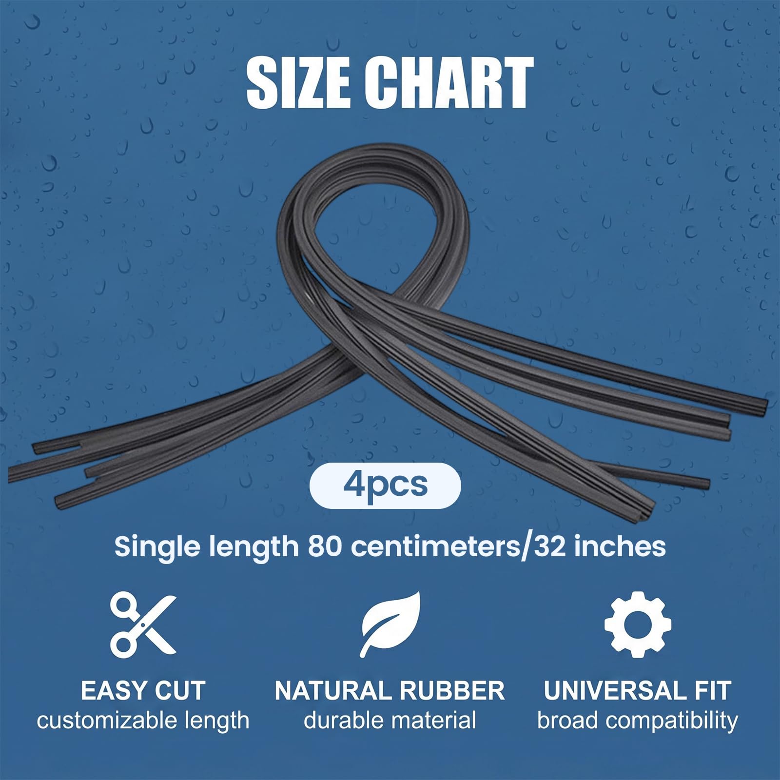 4 Pezzi Gomma Tergicristallo Universale 80 cm, Tagliabile, Compatibile con Tutti i Modelli, in Caucciù Naturale, Alta Resistenza