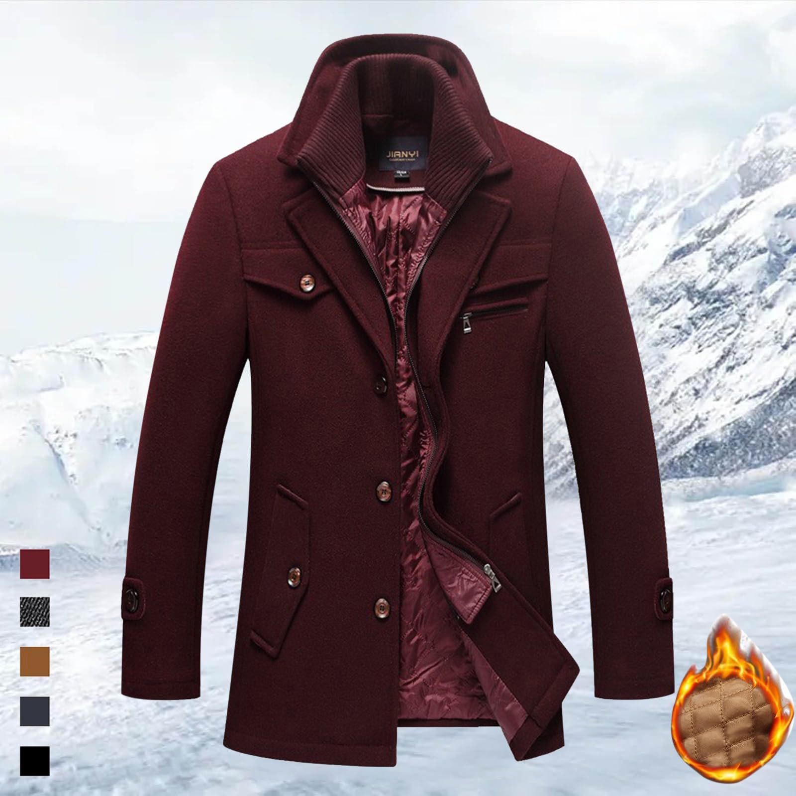 Chaquetas Hombre Cremallera Abrigo Hombre Invierno Cómodo Medio Largo De Lana De Doble Cuello Y Cierre Claro Para Hombre