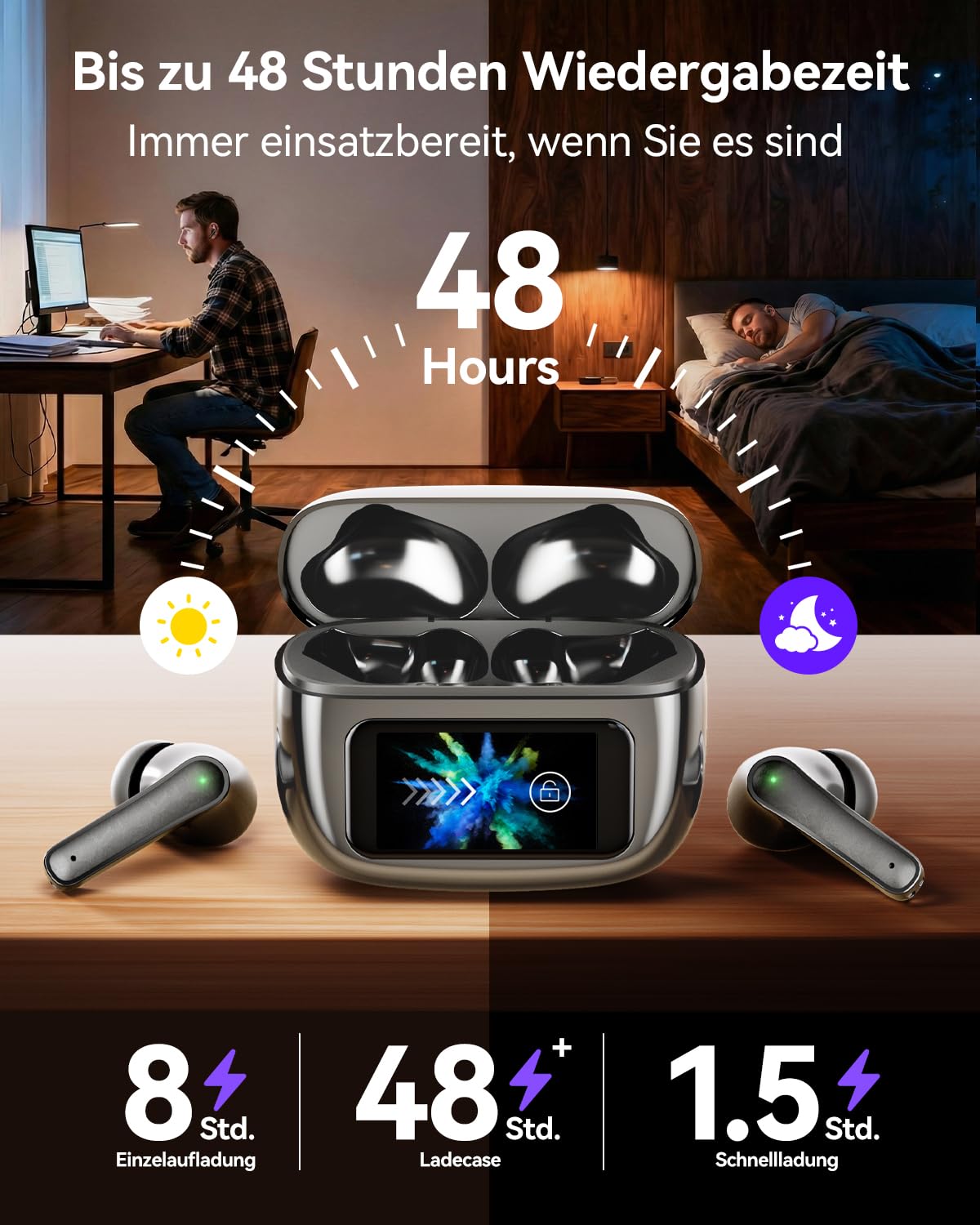 Cuffie wireless Bluetooth 5.4, auricolari in-ear con display touch screen, microfono ANC & ENC, 5 modalità EQ, suono stereo HiFi, 48 ore di riproduzione, impermeabilità IPX7, per iPhone e Android