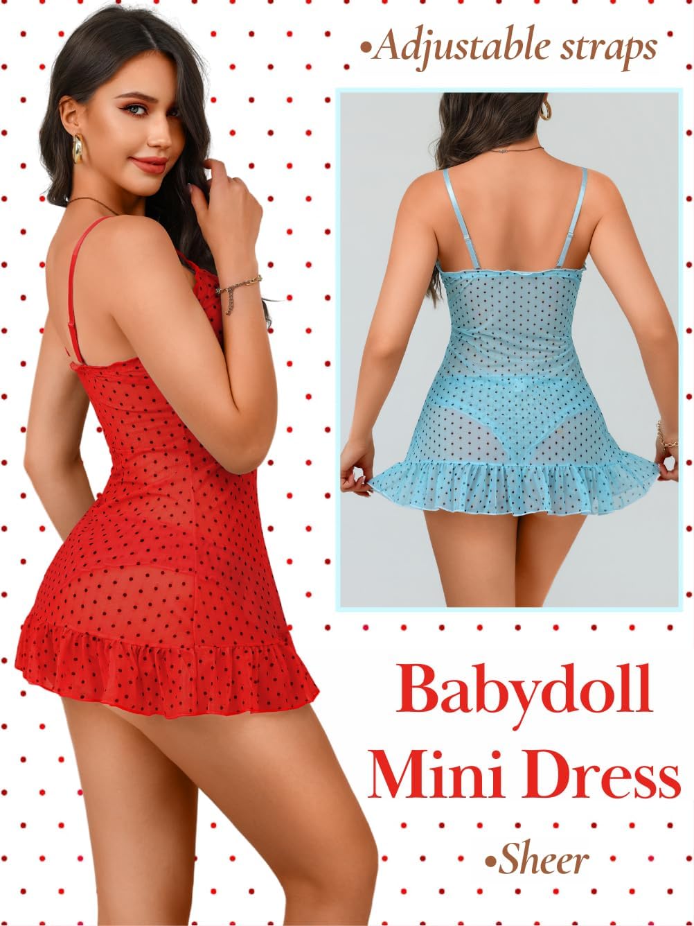 EHSUYAB Sexy Womens 2Pcs Babydoll Lingerie Set,Polka Dot Bow Ruffle Sheer Slip Mini Dress,Bridal Nightgown Boudoir Valentines