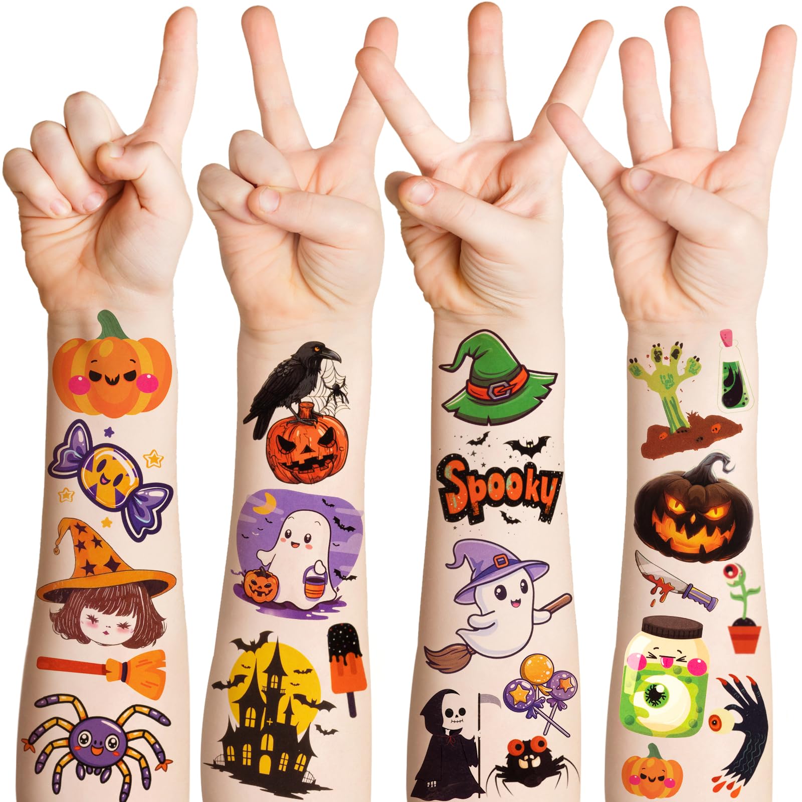 10 Large Sheets Pre-cut Halloween Temporary Tattoos for Kids, 107 Styles Waterproof Skeleton Pumpkin Ghost Tattoos Stickers, Halloween Party Decoration Favors