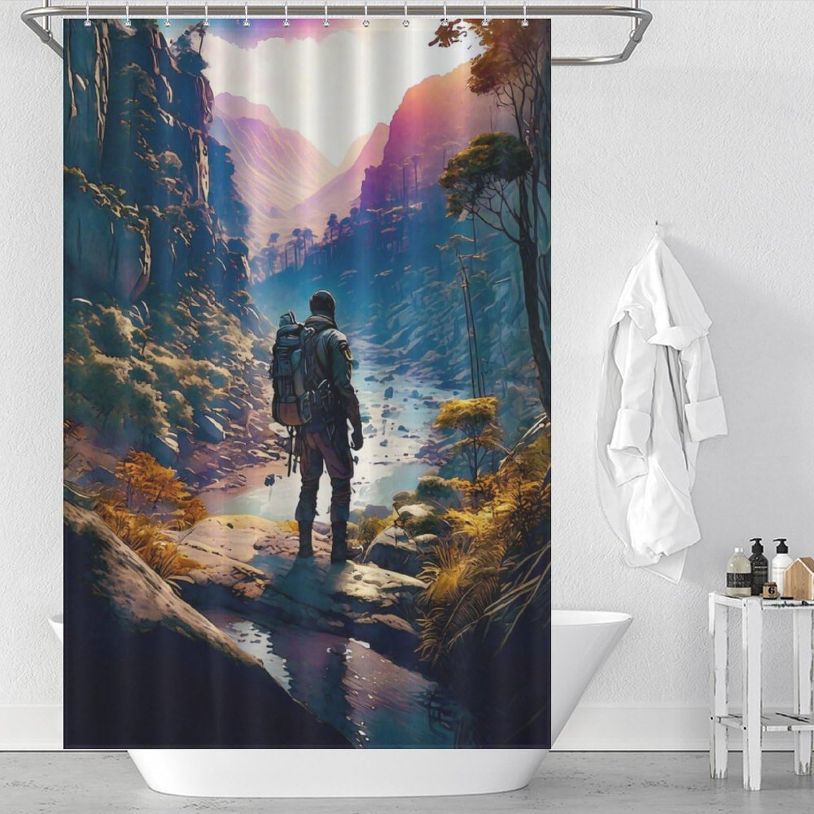 Salle de bain moderne propre grâce au rideau en tissu polyester lavable