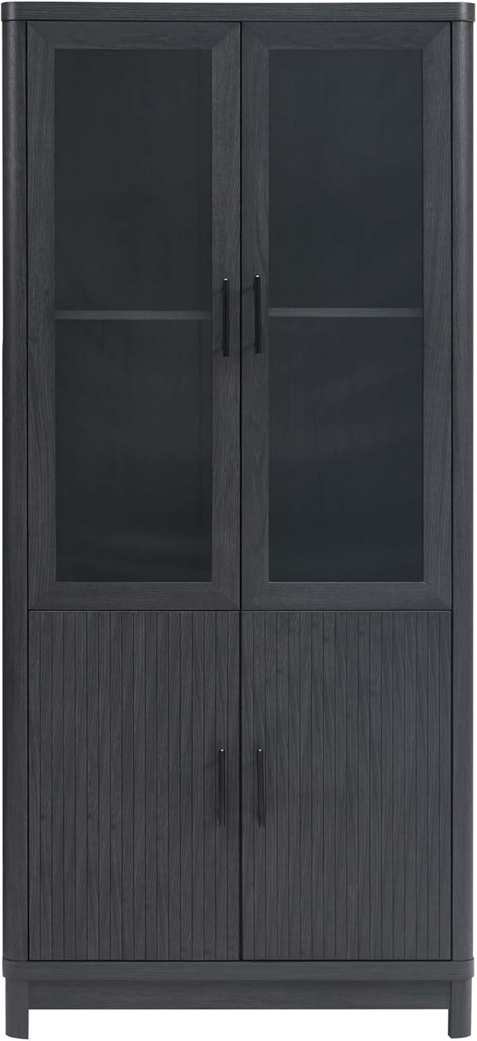 Manhattan Comfort Jodie Bookcase Elegant Bookshelf with 6 Adjustable Shelves, Tempered Glass Doors, Ribbed Wood Accent, Modern Storage Cabinet for Living Room, Library, or Home Office in Charcoal Grey