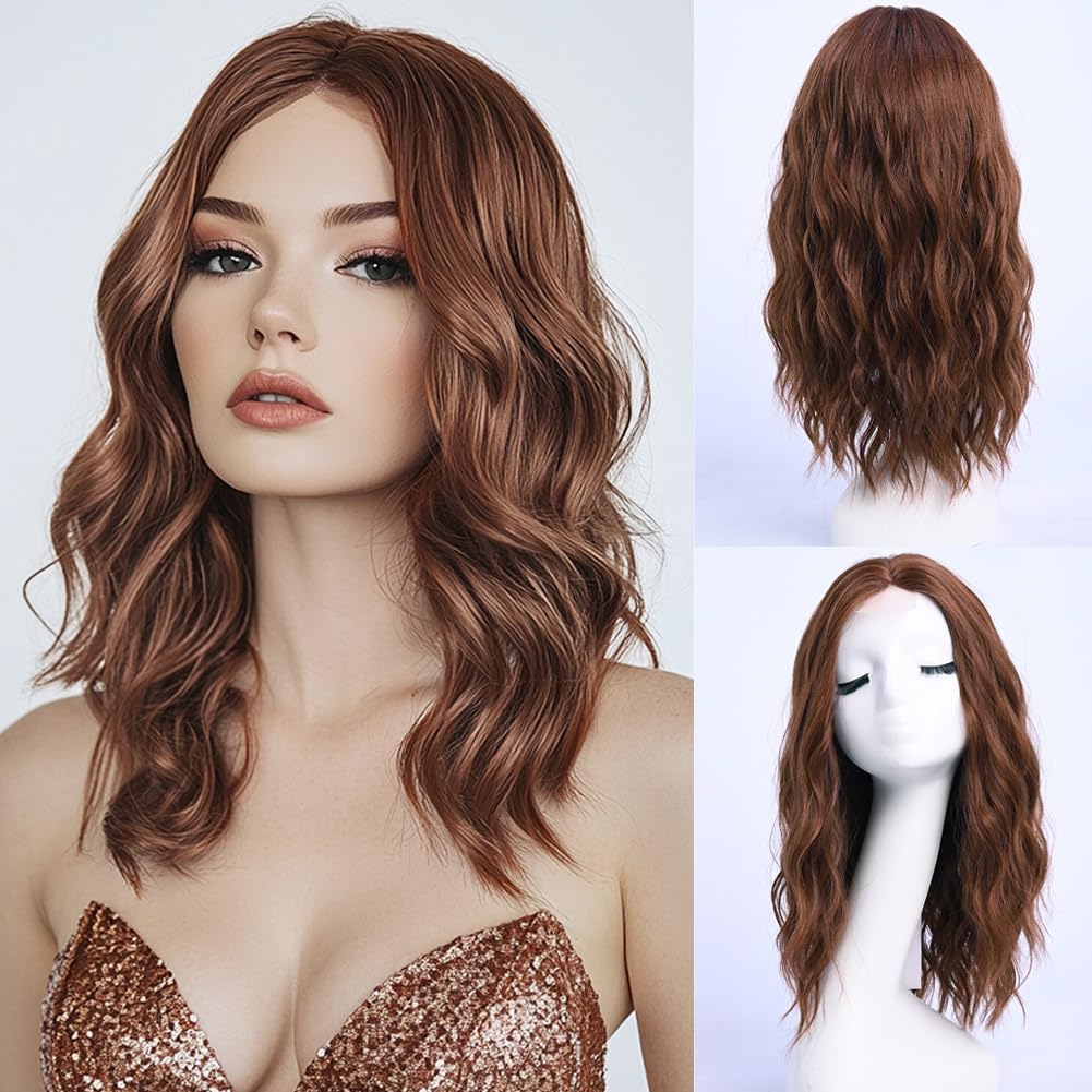 YaissmyLu Medium Length Dark Auburn Wavy Wigs for Women 18 Inch Middle Part Wavy Wig Natural Looking Synthetic Heat Resistant Fiber Wig for Daily Party Use (18 inch)