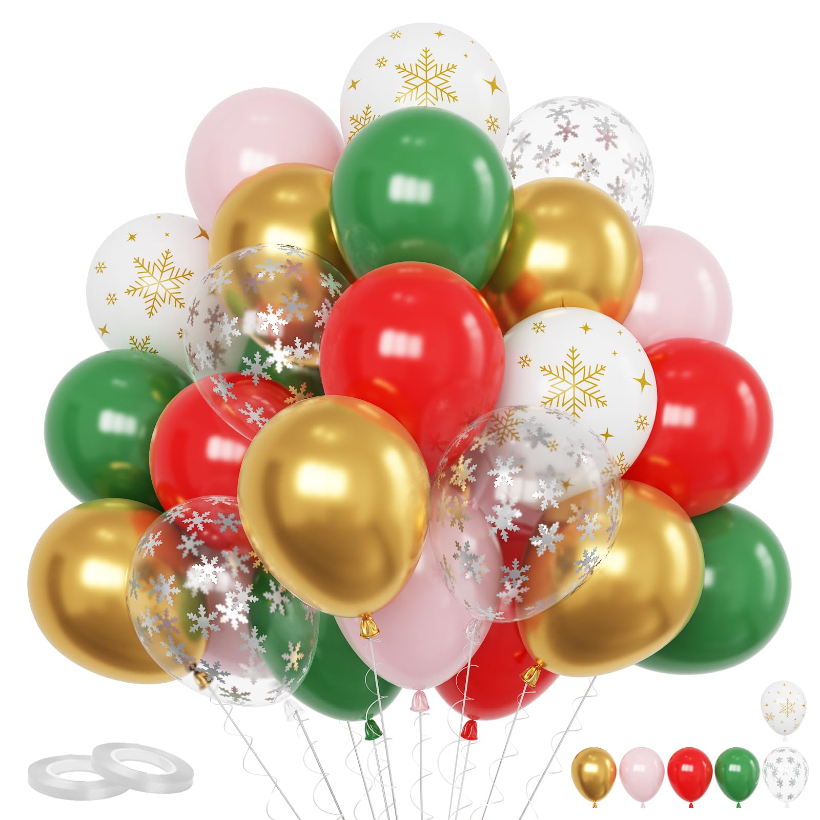 60 Pcs Christmas Party Balloons, Red Green Pink Balloons with Snowflake Printed Confetti balloon, 12 Inch Pastel Pink Green Metallic Gold Balloon Helium for Xmas Birthday New Year Party Decorations