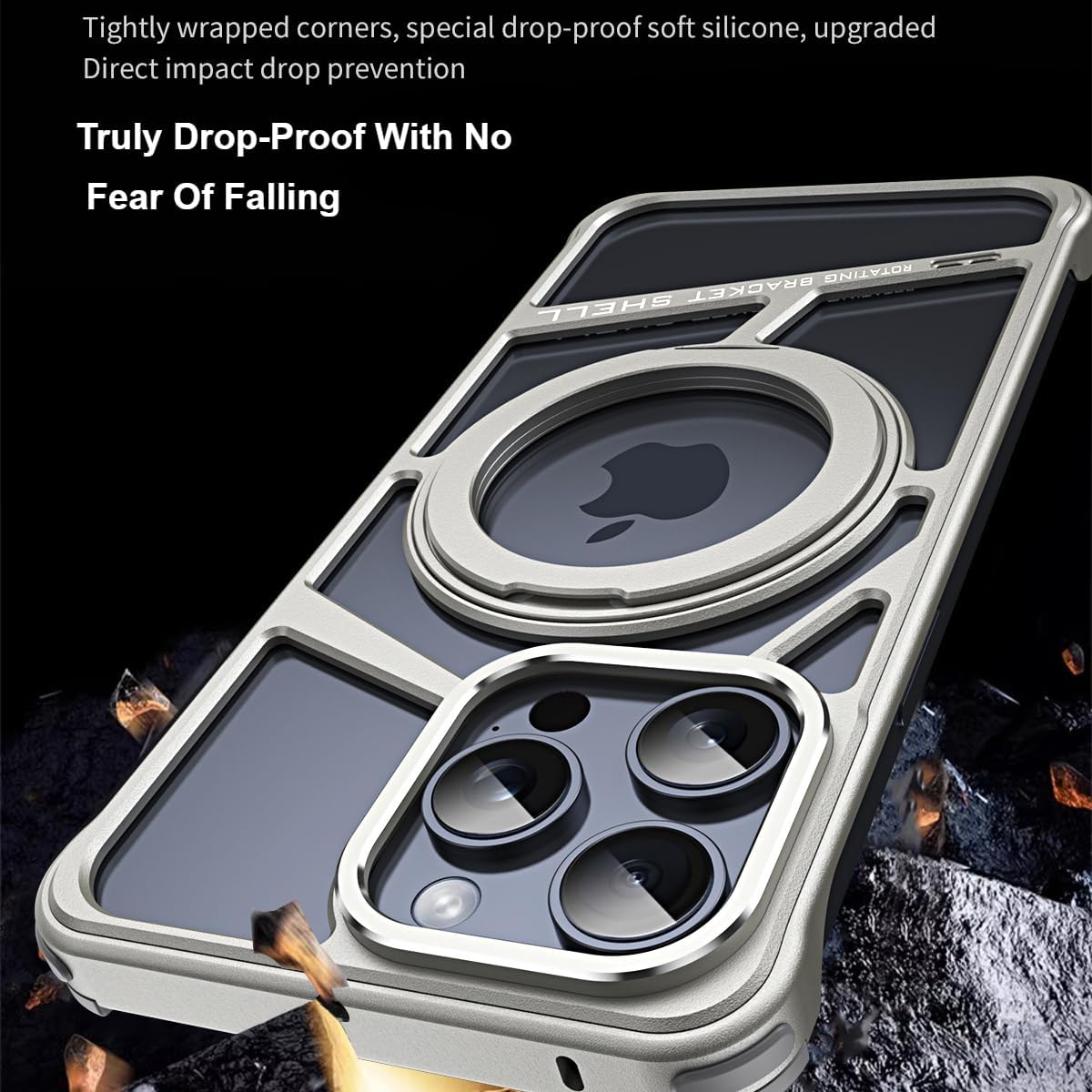 2024 New Metal Hollow Phone Case for iPhone 15 Protective with Stand and Magnetic Bracket Heat Dissipation Cover (Silver)