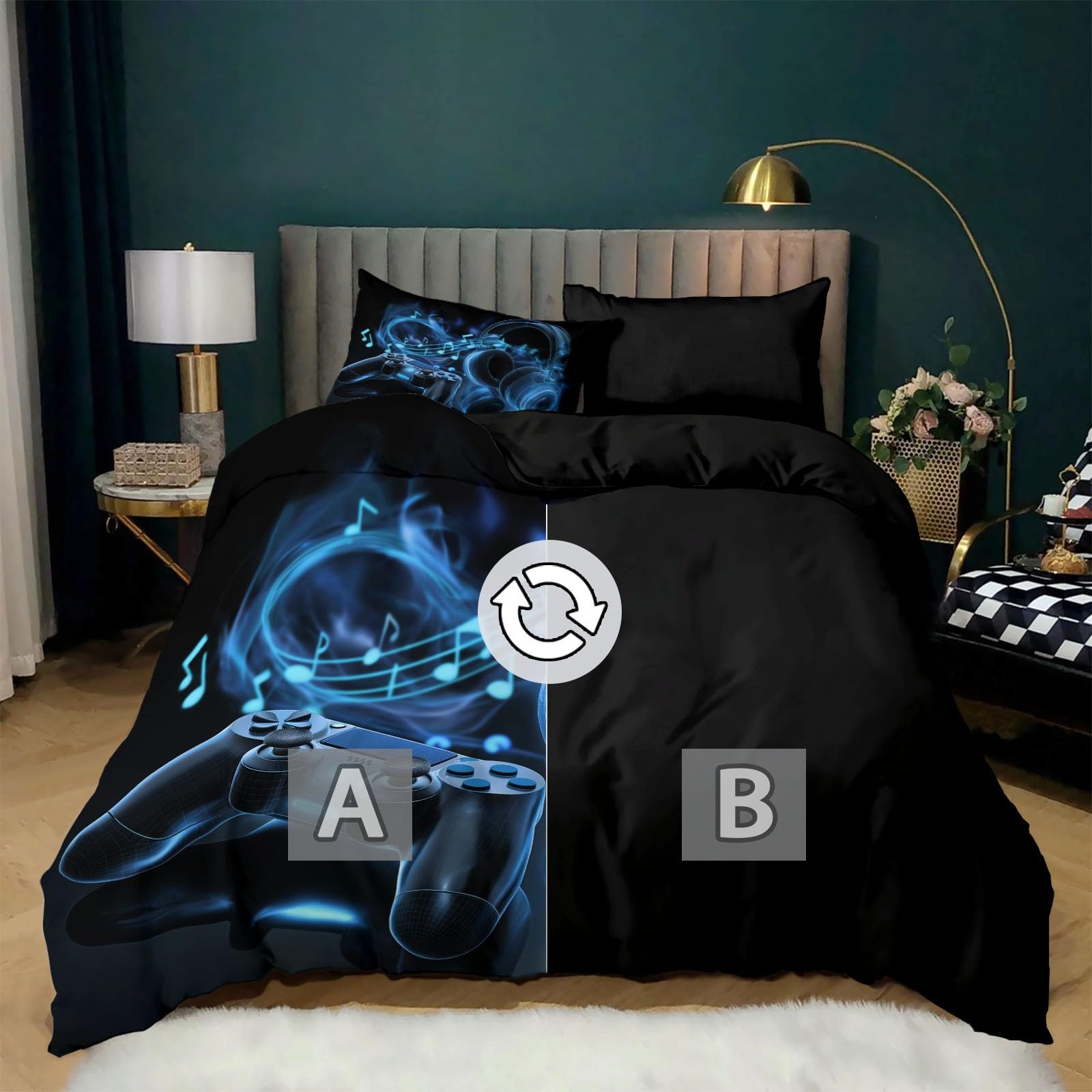 Funda nórdica Gaming Mando E-Sports Auriculares Nota Musical 220 x 240 cm Juego de Cama de 3 Piezas para Cama 135/150 Microfibra Suave Transpirable, con Cremallera para Chicos Adolescentes Negro