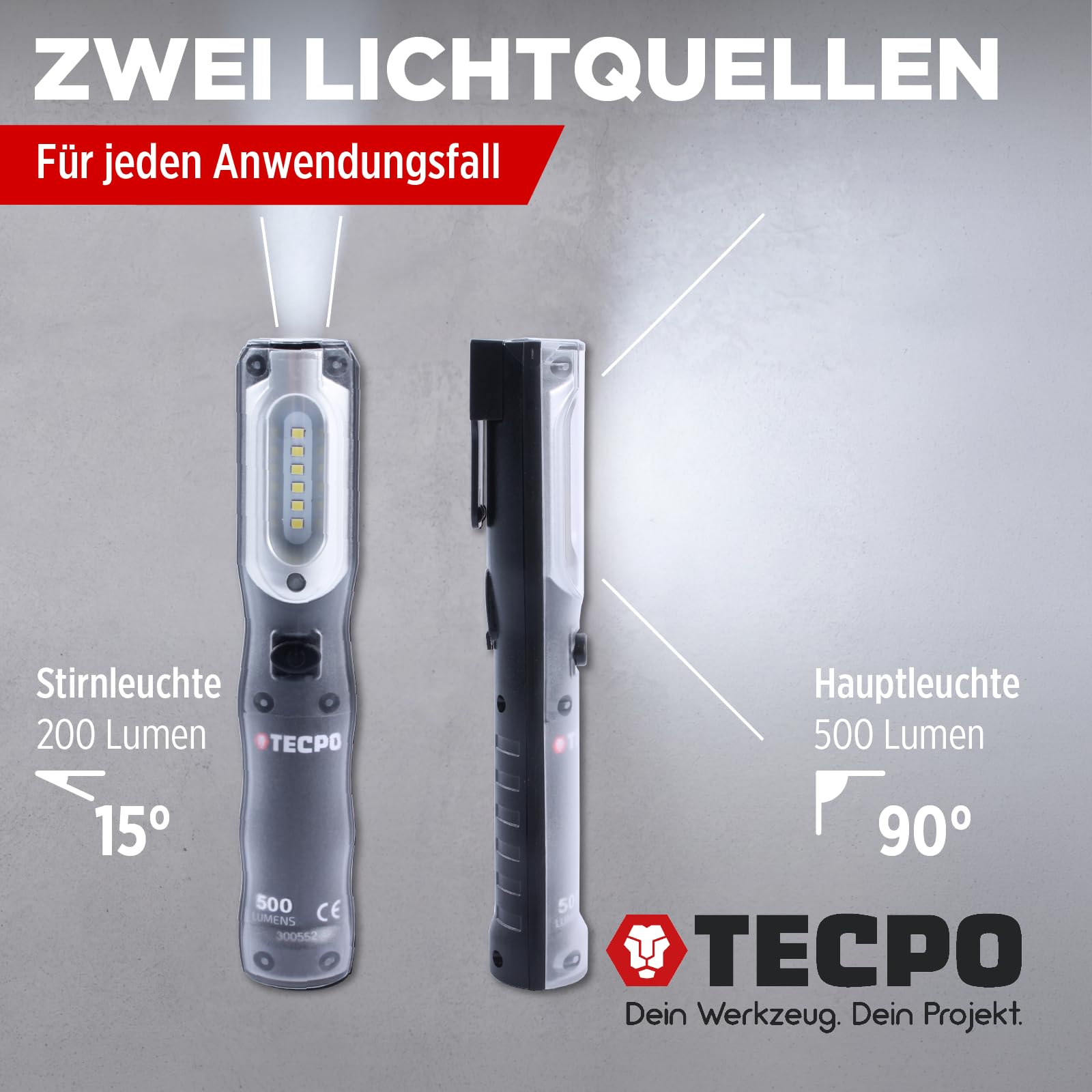 TECPO Akku Werkstattlampe 500 Lumen Handlampe 6500K LED Stab-Lampe Leuchte