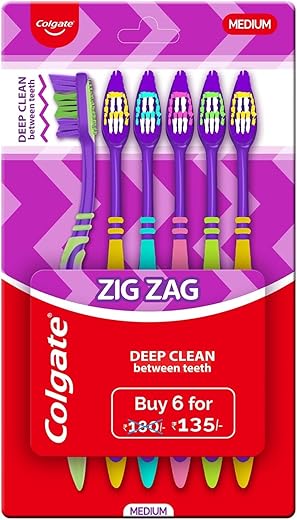 Colgate Zigzag Deep Clean Manual Toothbrush For Adults, Pack Of 6 Medium Multicolour Soft Tooth Brush, Antibacterial With Compact Brush Head For…