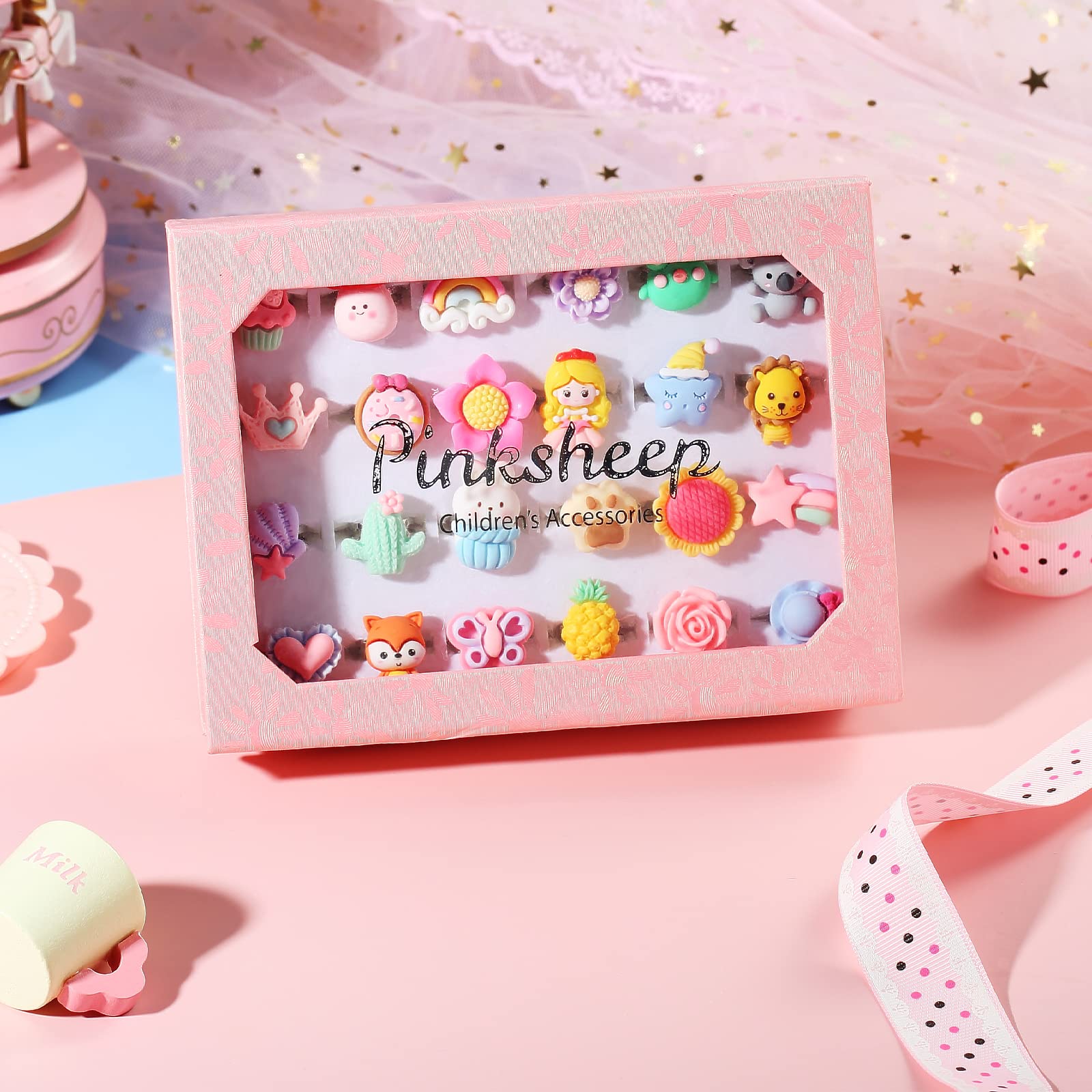 PinkSheep Anelli gioiello per bambina in scatola, regolabili, non duplicabili, anelli per gioco e per vestire la bambina (24 anelli di superficie)