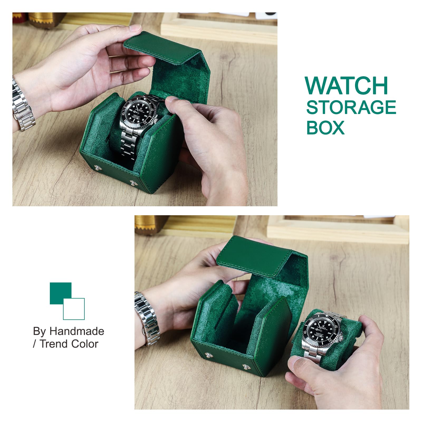 Hiram Étui de voyage en cuir Saffiano fait à la main pour montres et bracelets (vert)