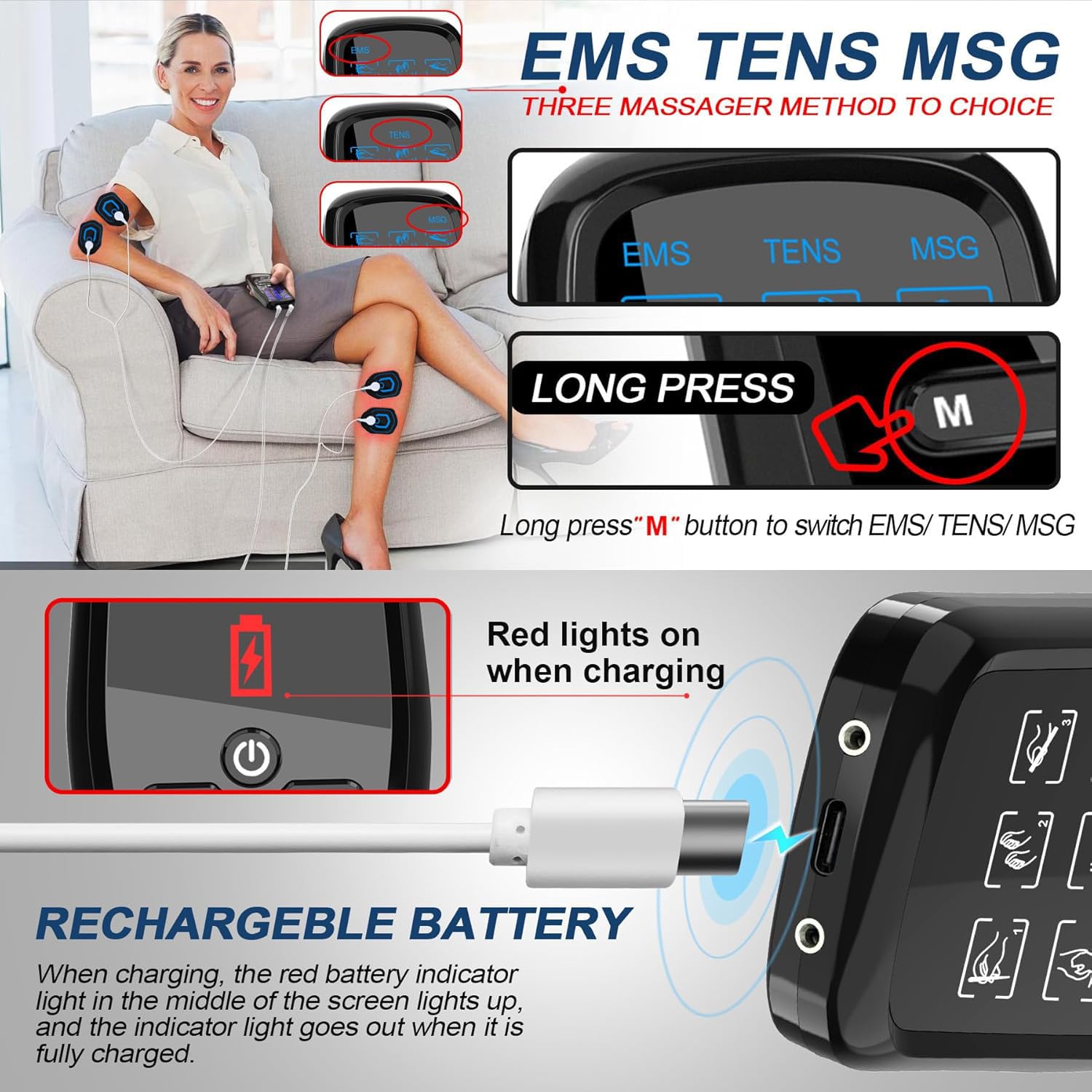 3 EN 1 TENS EMS Électrostimulateur Musculaire pour le soulagement de la douleur, la stimulation musculaire, avec 30 Intensités et 27 Modes, 2 Canaux Indépendant & 8 électrodes