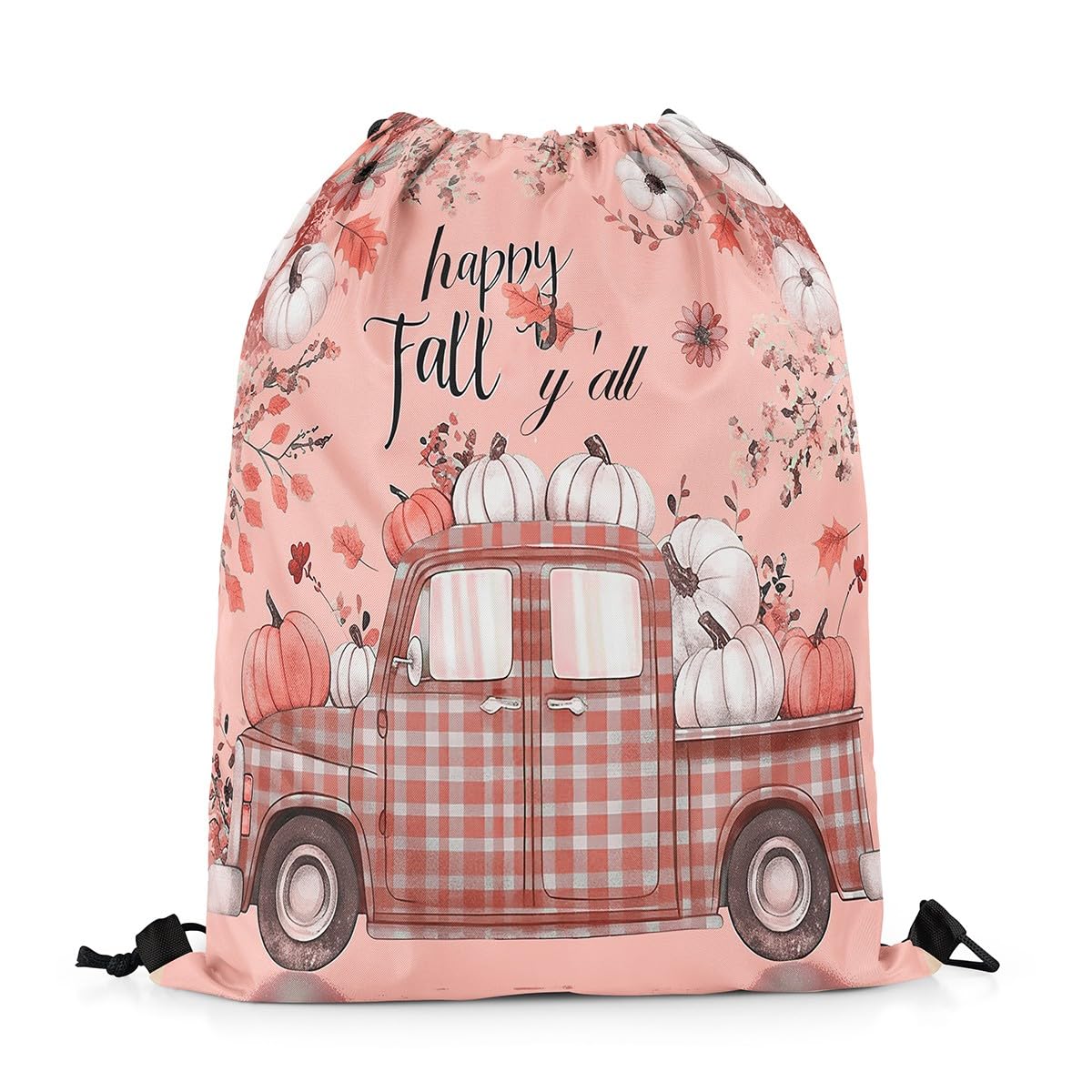 Manfei Autumn Harvest Drawstring Backpack Gym Bag,Happy Fall Grid Truck Cinch Bag,Farmhouse Style Pumpkins Foldable Draw String Back Bag Sports Bag