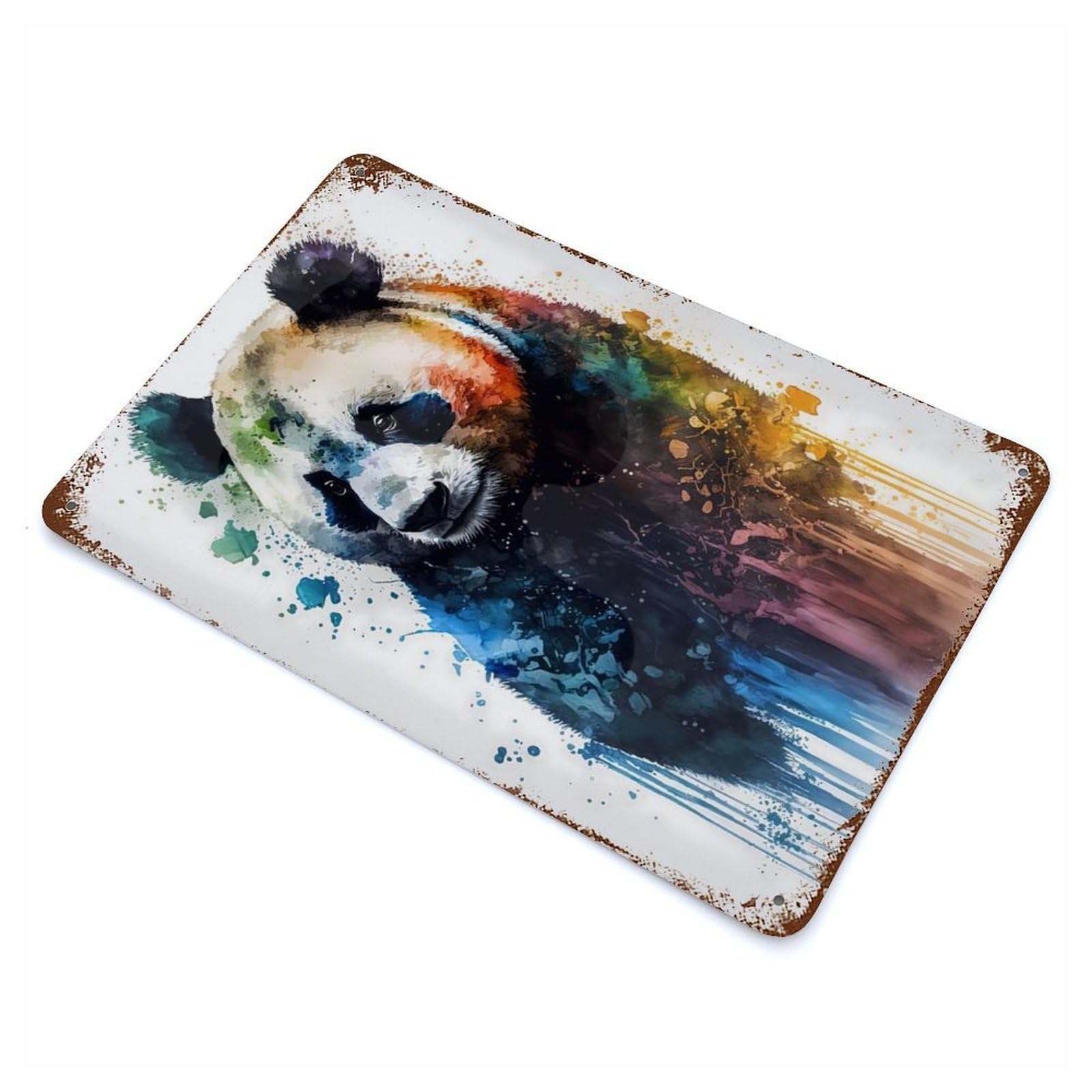 Panda in Watercolor Vintage Wall Sign 11.8"x7.9", Rust Effect Metal Decor for Basement, Hobby Room And Garage Decor