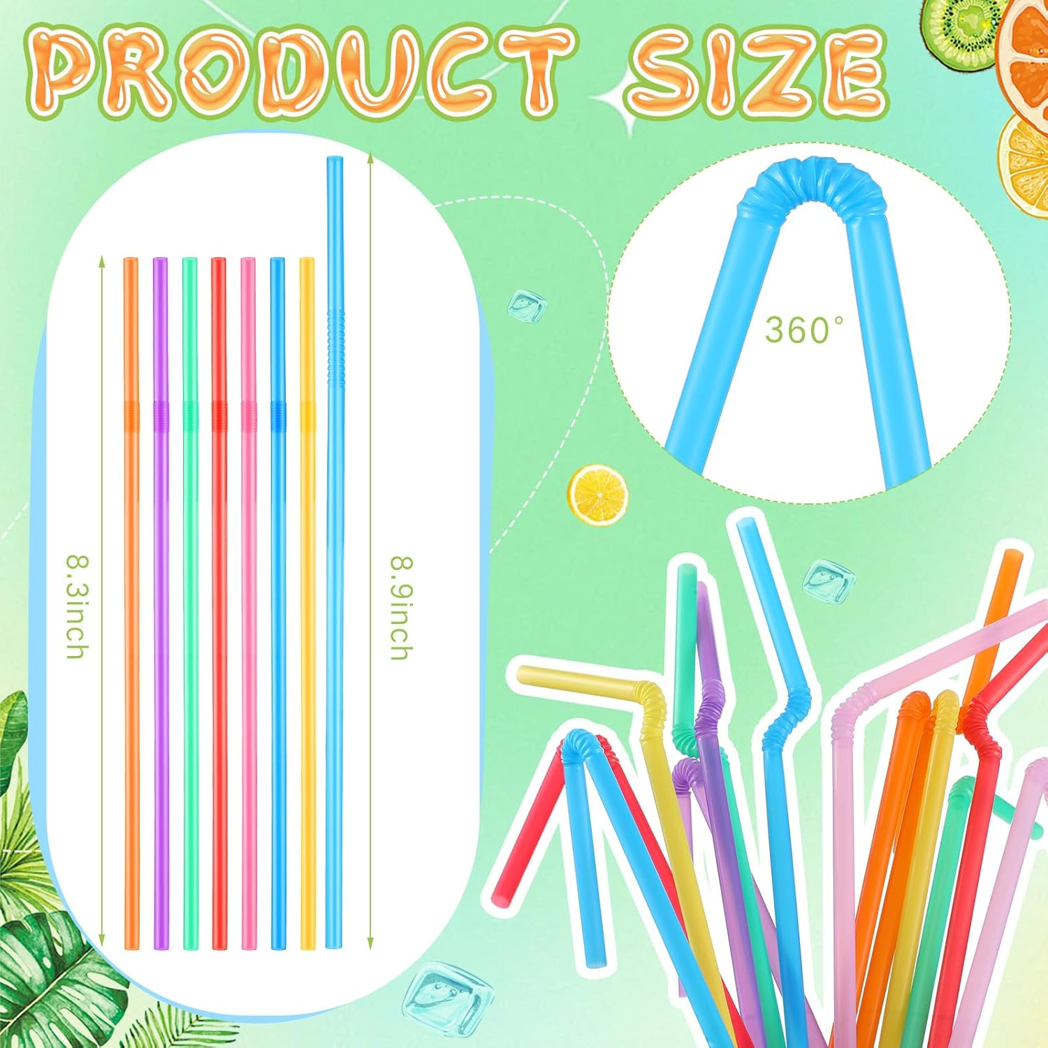 Eaasty 3000 Pcs Flexible Plastic Straws Bulk, Disposable Plastic Drinking Straws, Colorful Plastic Long Straws, Striped Flexible Drinking Straws, 8.27''(Colorful)