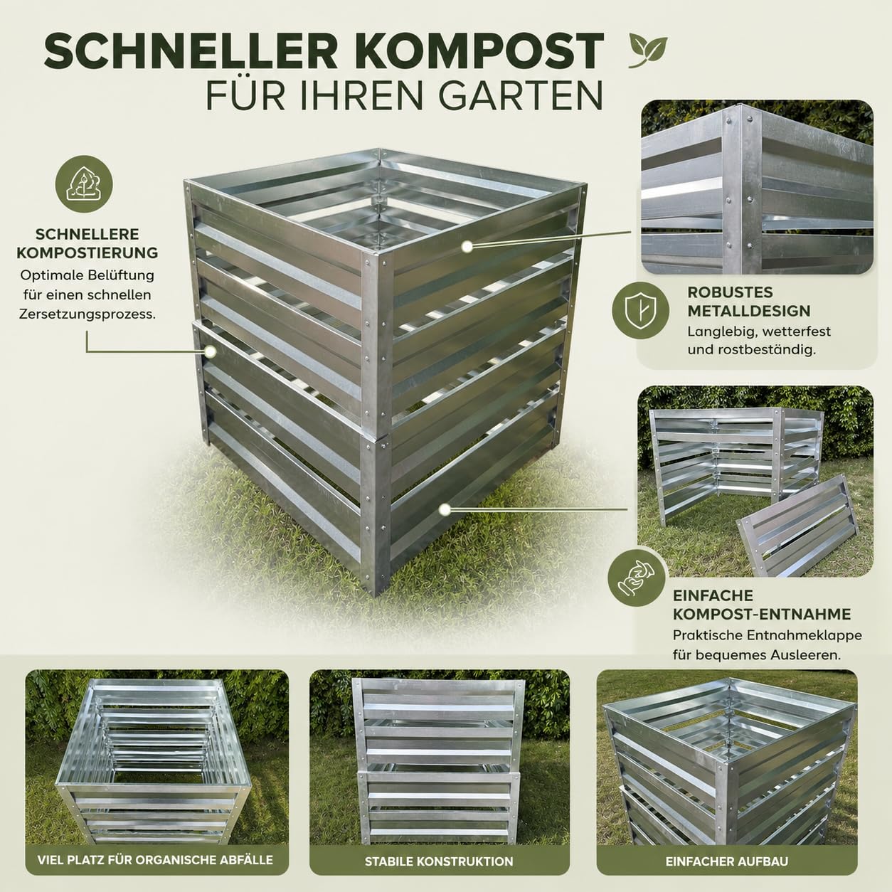 Composteur 1000 l en métal galvanisé pour jardin, durable, résistant aux intempéries (zinc (acier galvanisé))