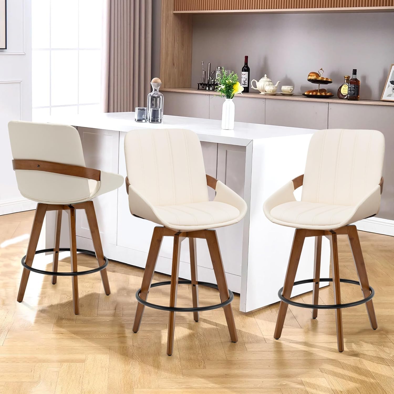 AQG Bar Stools Set of 3, Mid Century Modern Bar Height Bar Chairs, Swivel Barstools with Walnut Craft, Faux Leather Upholstered Furniture for Island/