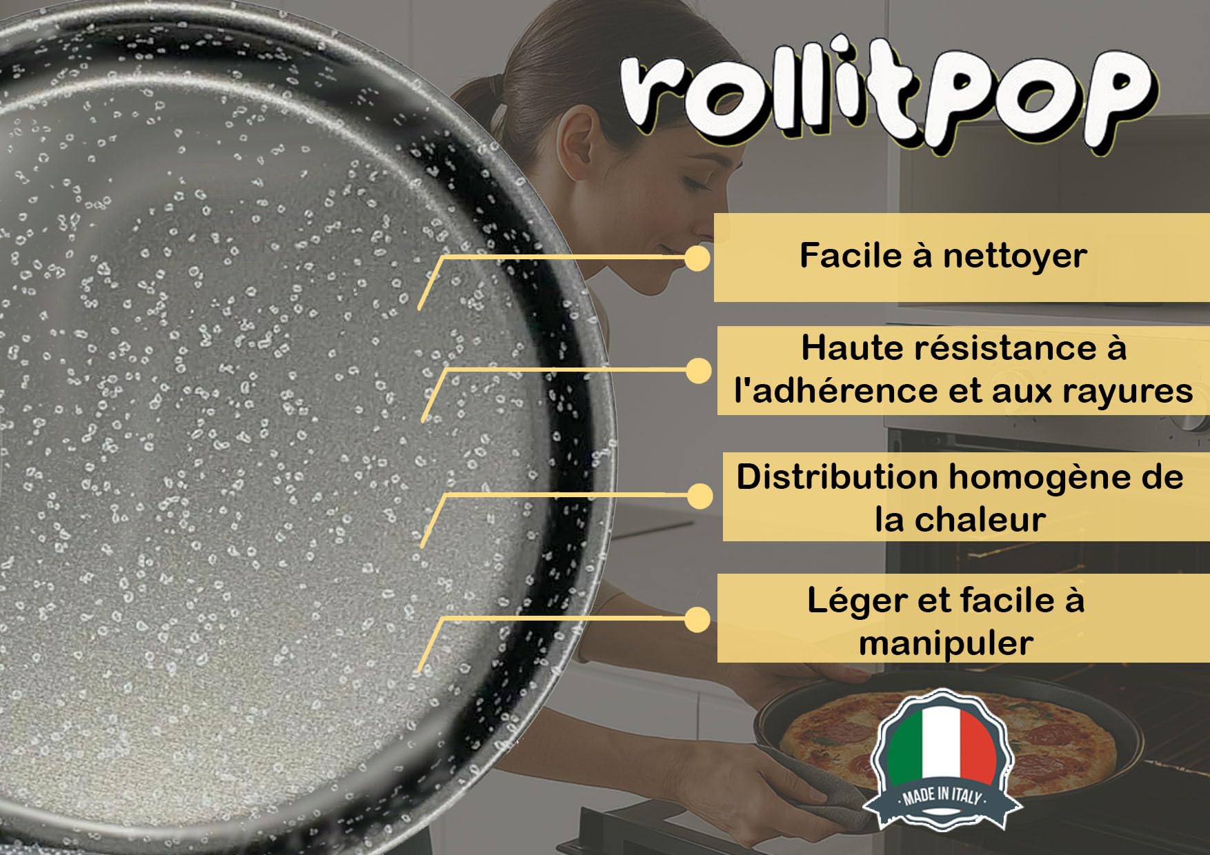Vulcania - Moule à pizza et farinata - 34 cm - Fabriqué en Italie - Haut revêtement antiadhésif - En aluminium - Léger et facile à nettoyer - Effet pierre - Série Vulcania (2 moules)