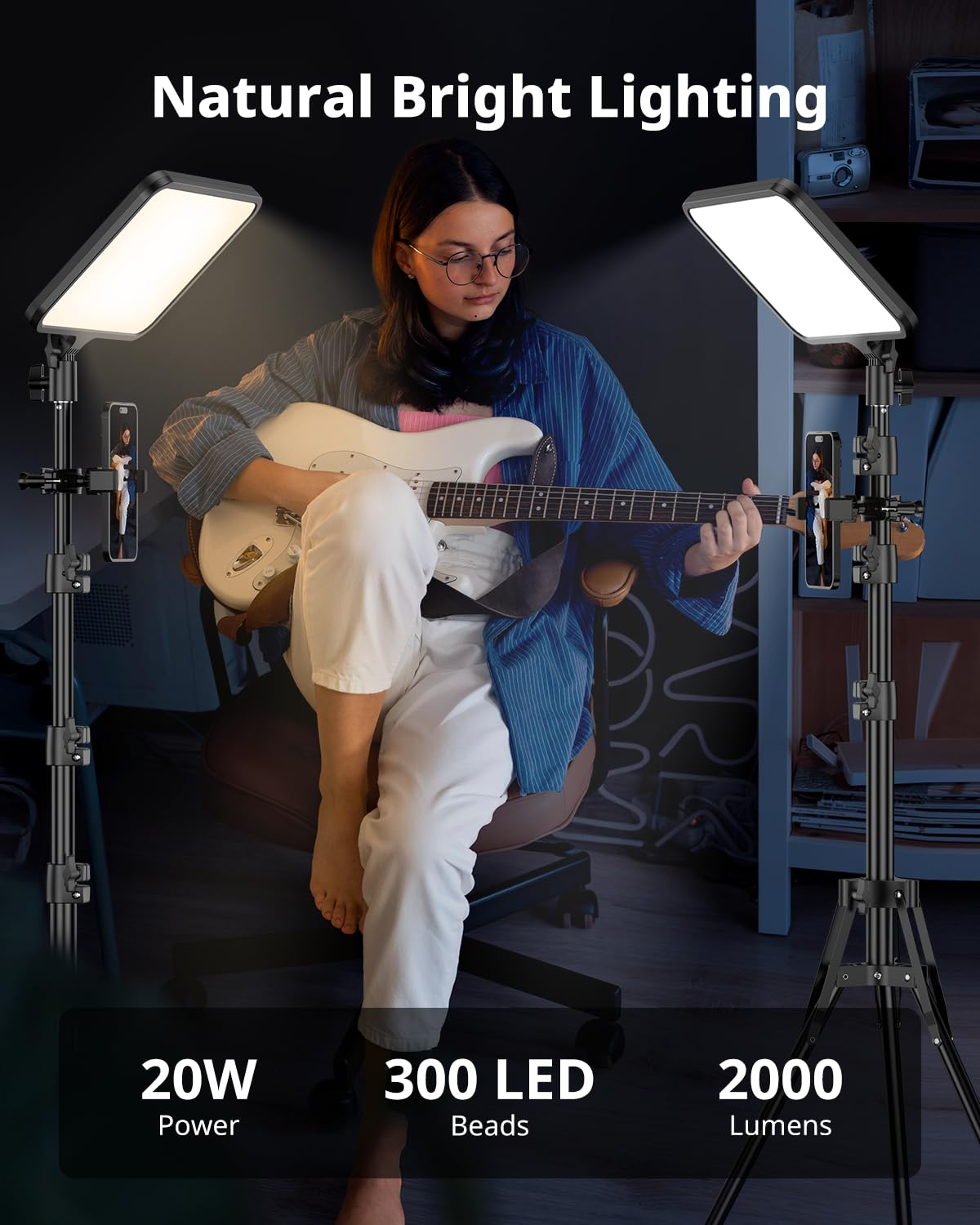 UBeesize 2 paneles de luz LED de vídeo con soporte de trípode de 160 cm, luz de vídeo LED de 13 pulgadas, regulable, 2500 – 8500 K, iluminación para grabación de vídeo de YouTube, fotos, transmisión
