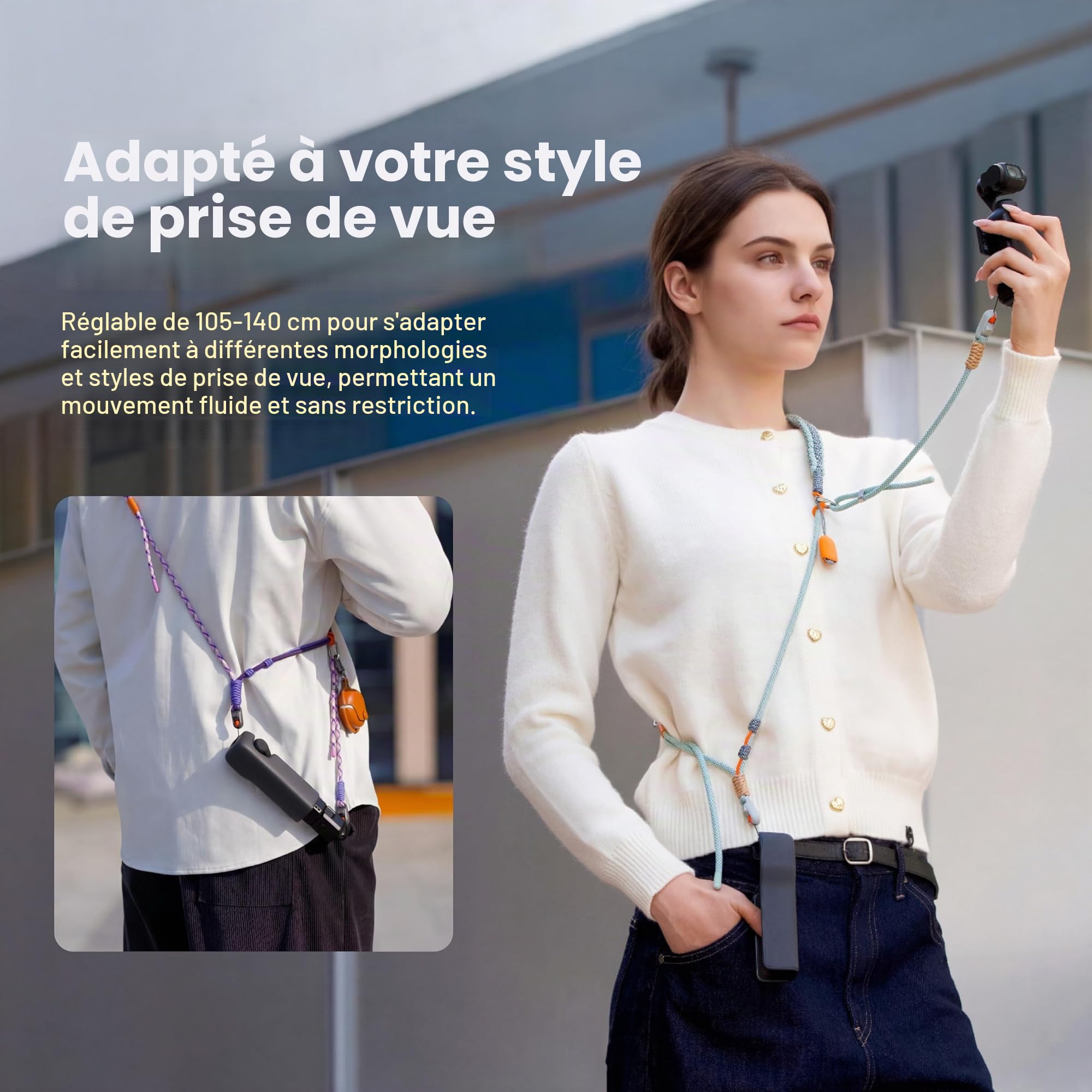 PGYTECH Bandoulière pour DJI Osmo Pocket 3, 2-en-1 Sangle de Cou et Dragonne avec Système de Libération Rapide Mini, Cordon Tressé à la Main Haute Résistance, Charge Max 10kg, Réglable, Refined Style